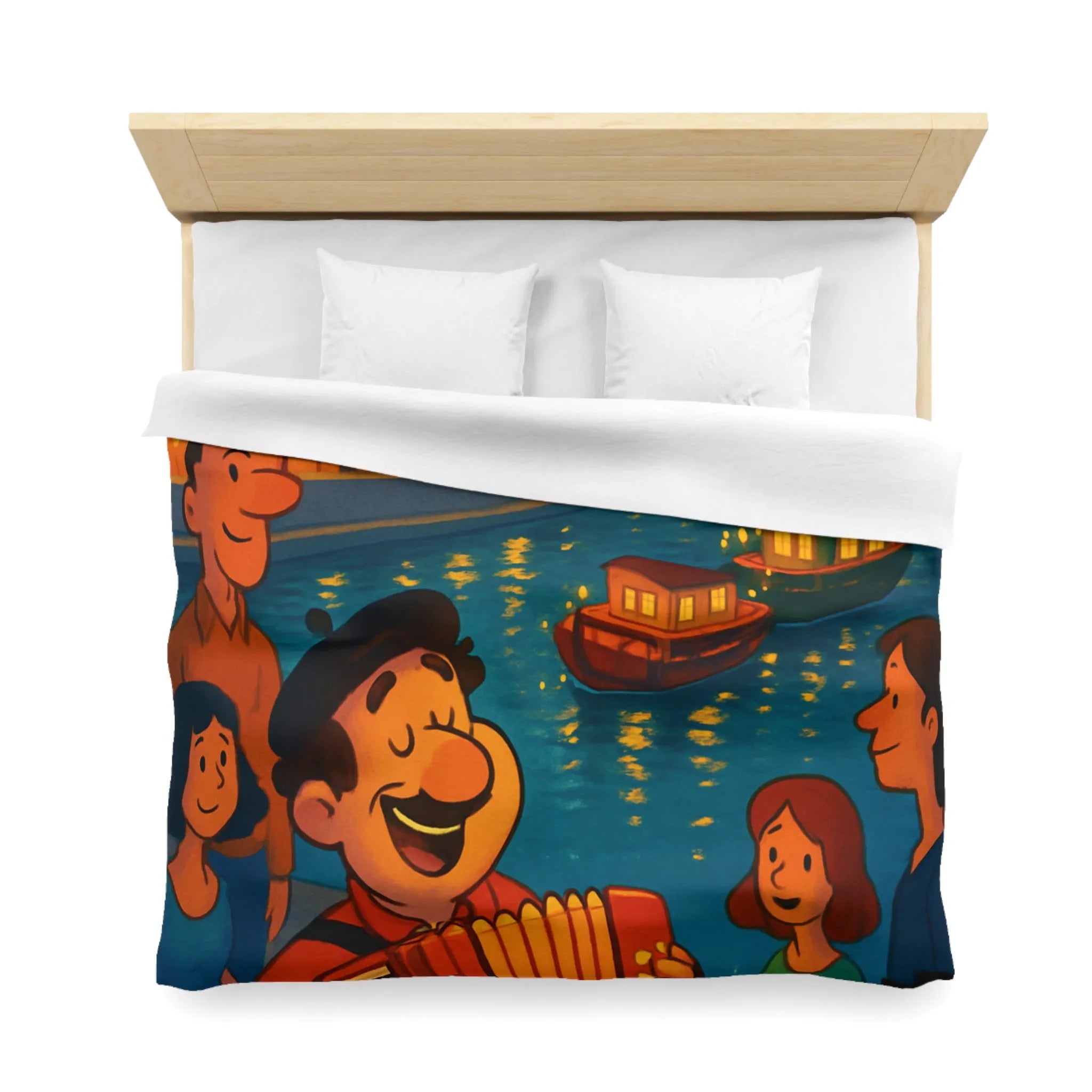 Housse de couette avec illustration animée d'une scène joyeuse au bord de la rivière