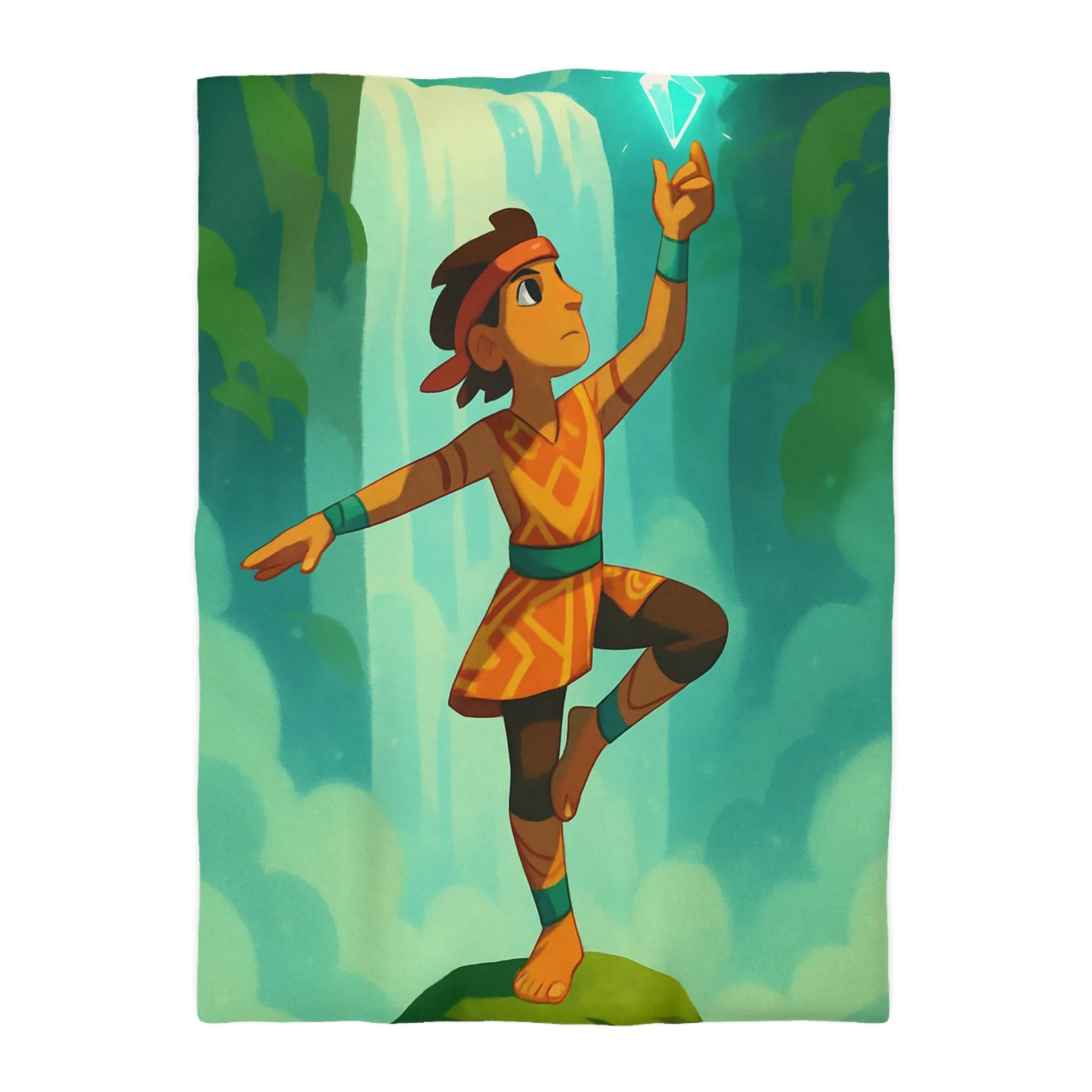 Housse de couette avec illustration de personnage tribal et cristal bleu brillant