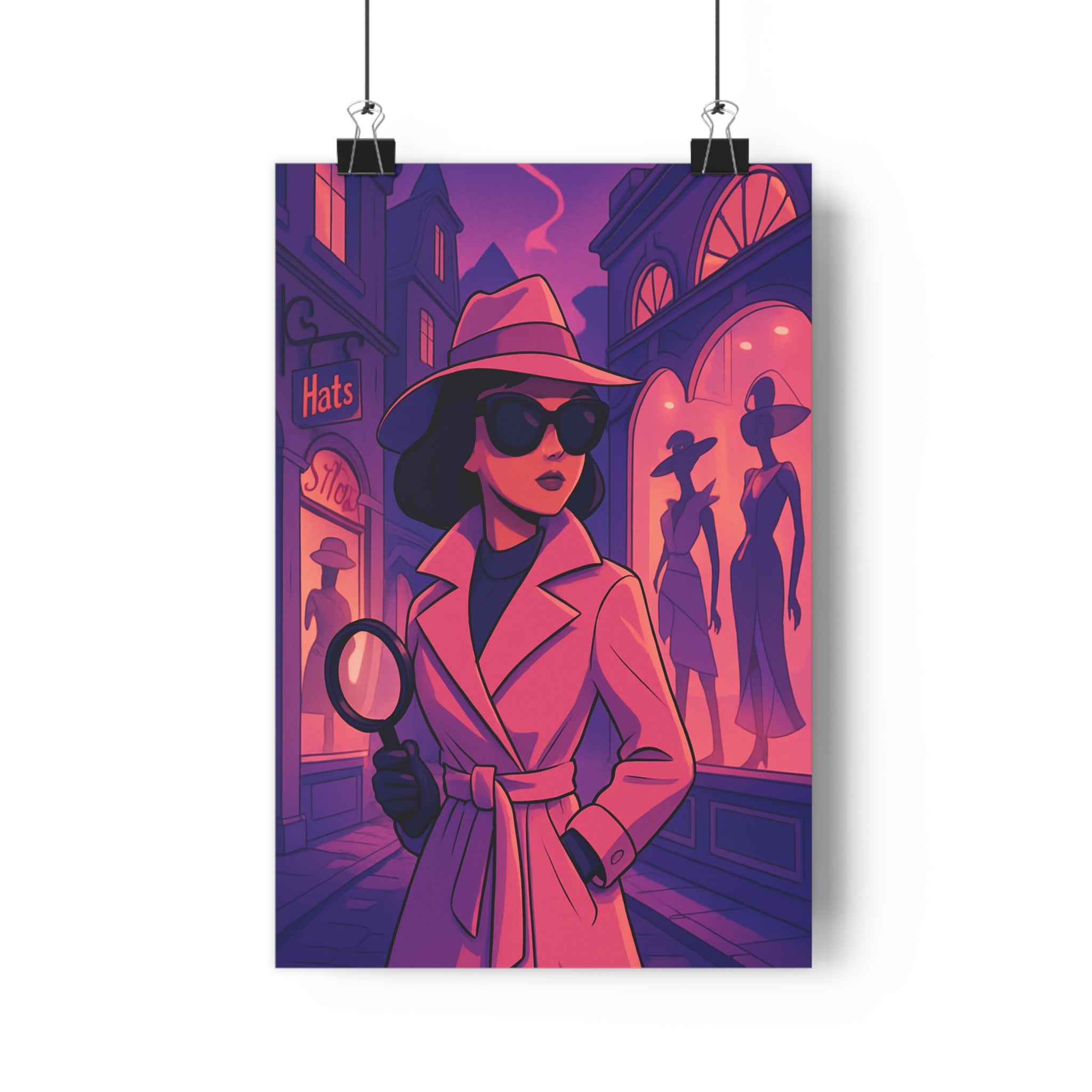 Poster décoratif mystérieux femme trenchcoat violet rose scène intrigue salon chambre vintage ambiance qualité