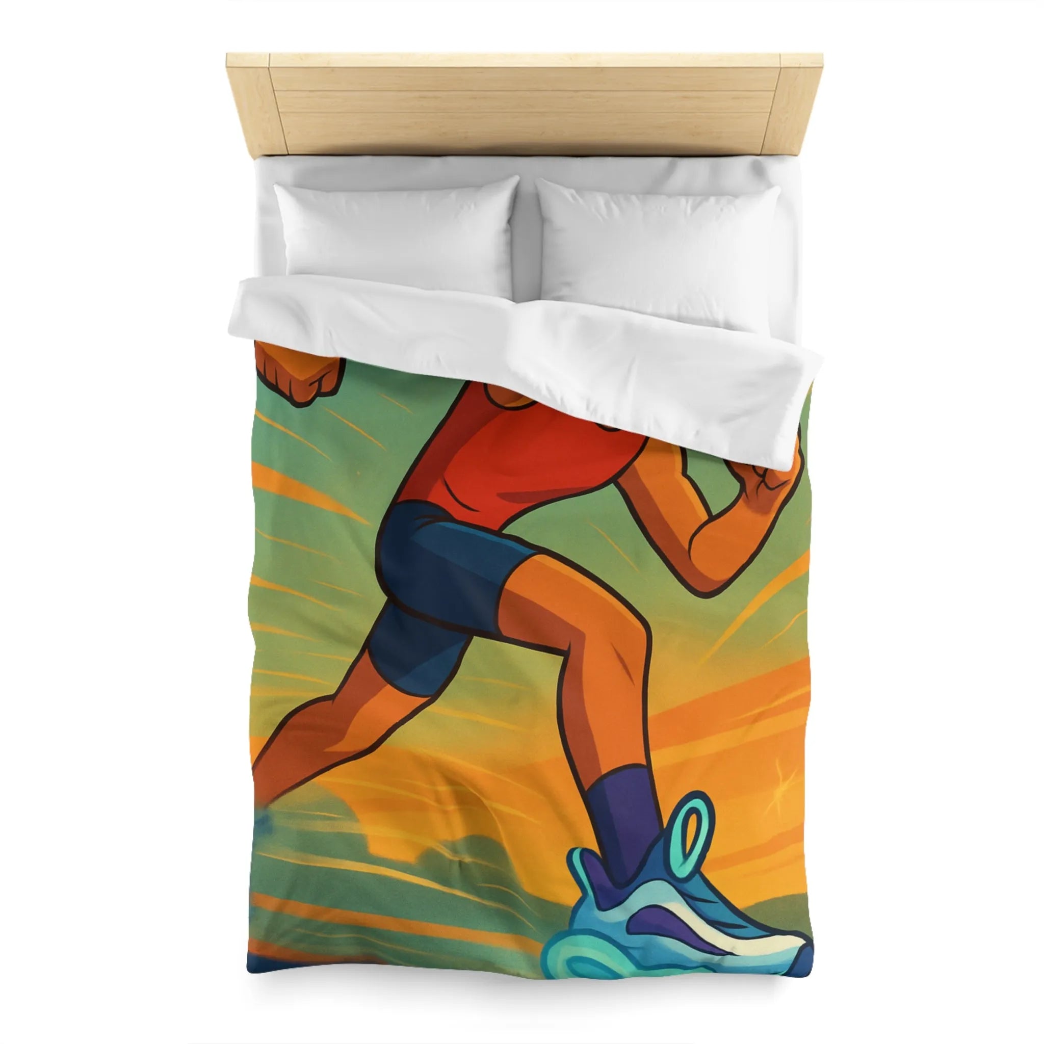 Housse de couette dynamique coureur stylisé accélérant sur fond d’énergie vibrante