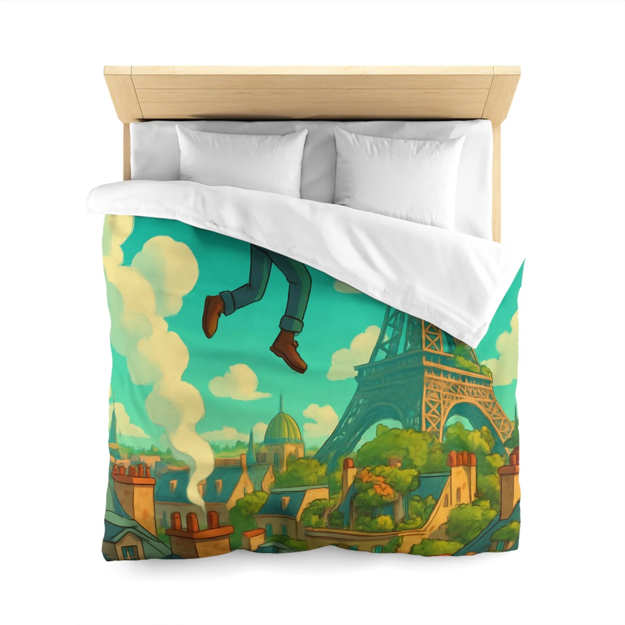 Enchanted Parisian Flight: Kid Floating Above Cityscape with Umbrella and Backpack