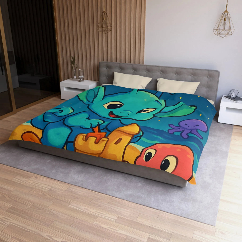 Housse de couette enfant avec créature bleue construisant un château de sable amusant