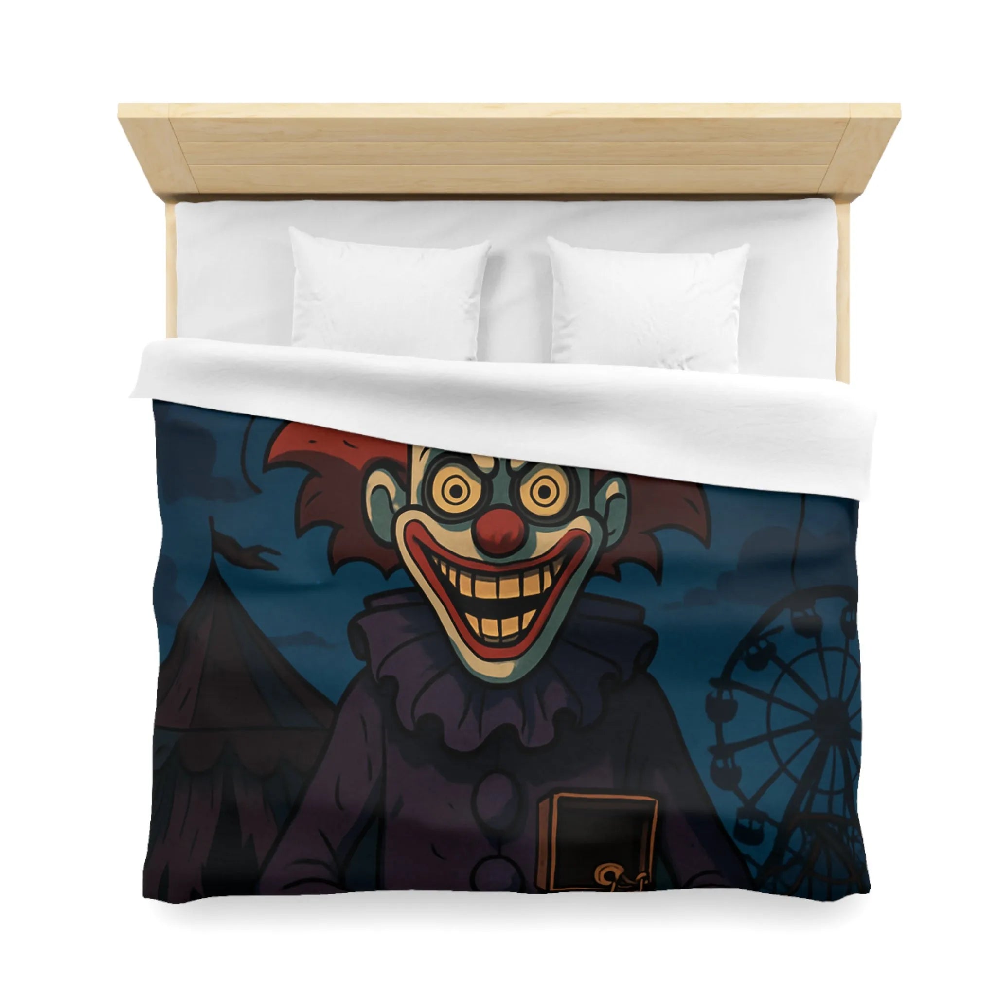 Housse de couette effrayante de clown sinistre avec ballons et fête foraine sombre