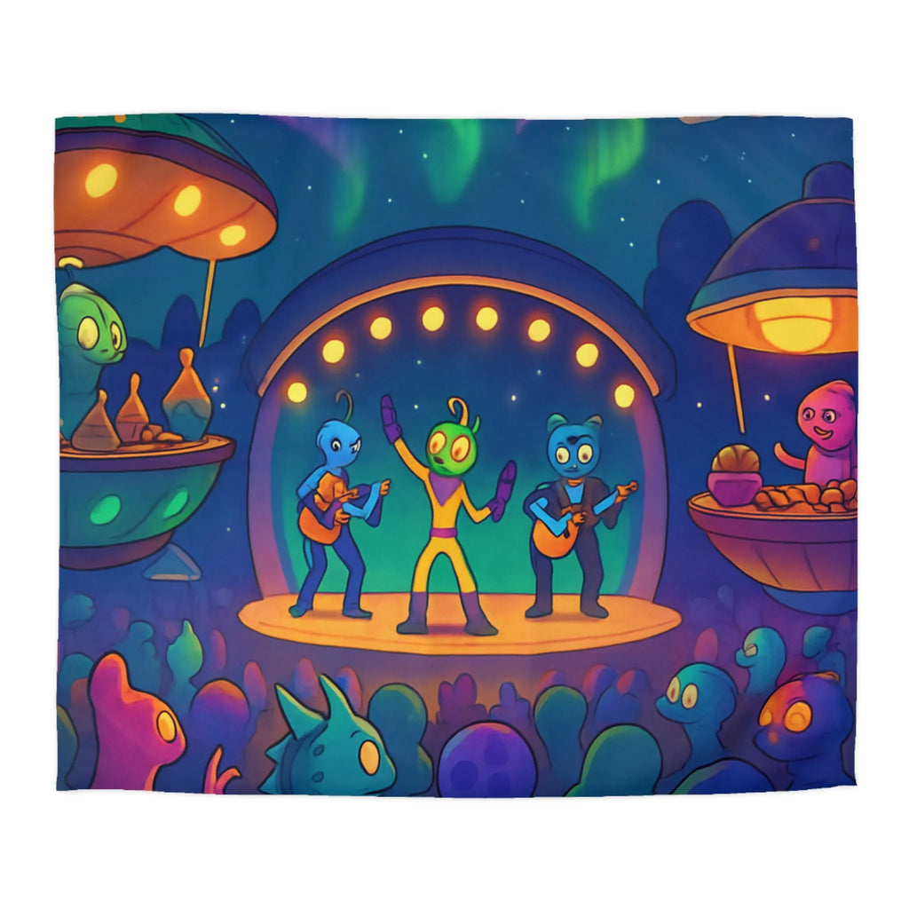 Housse de couette illustrée d'aliens en concert sous des aurores boréales éclatantes