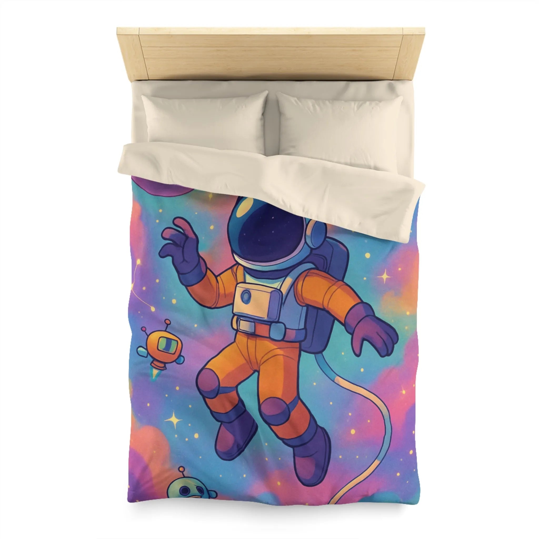 Housse de couette colorée spatiale avec astronaute, planètes et robots ludiques pour enfants