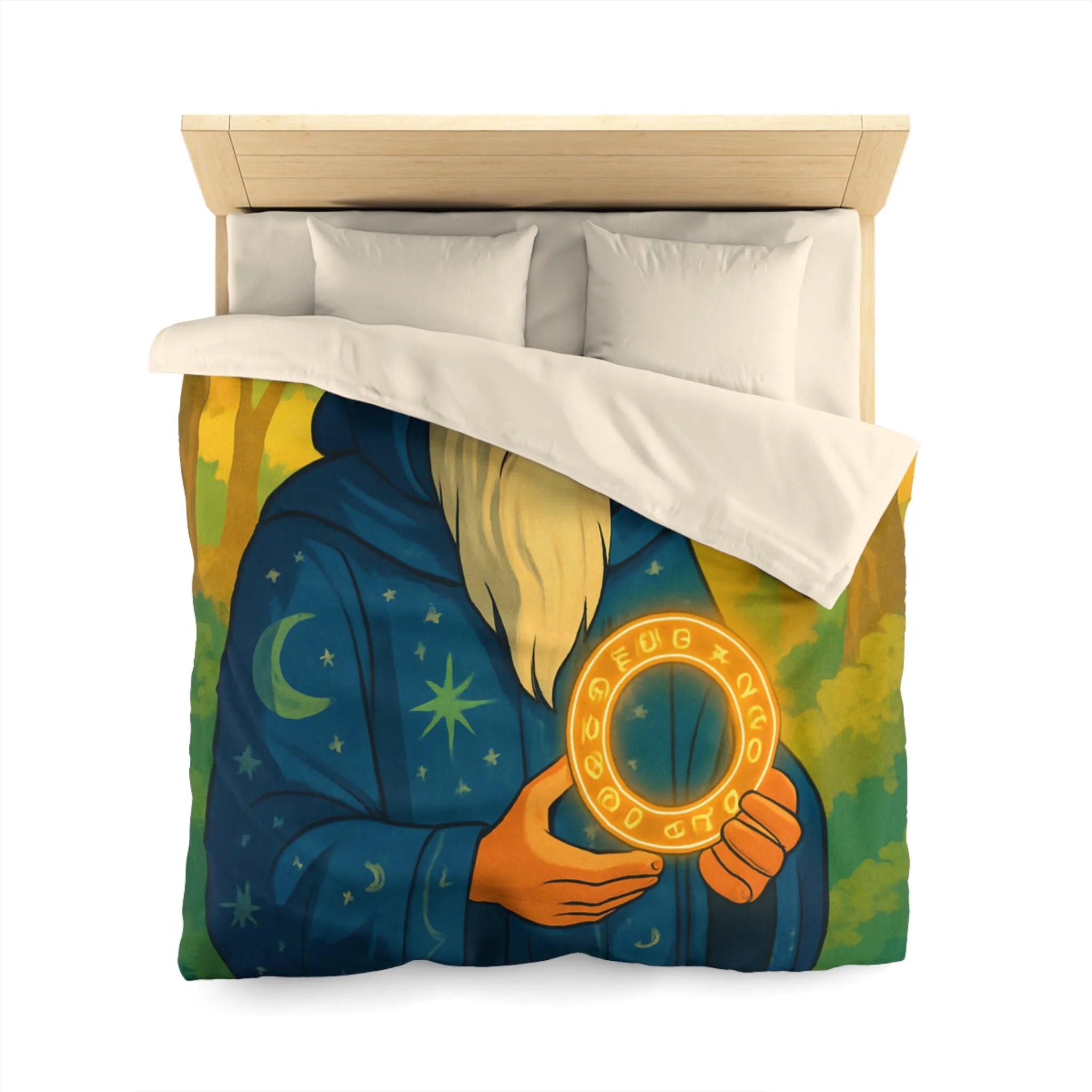 Housse de couette enchantée avec mage en forêt et cercle lumineux mystérieux