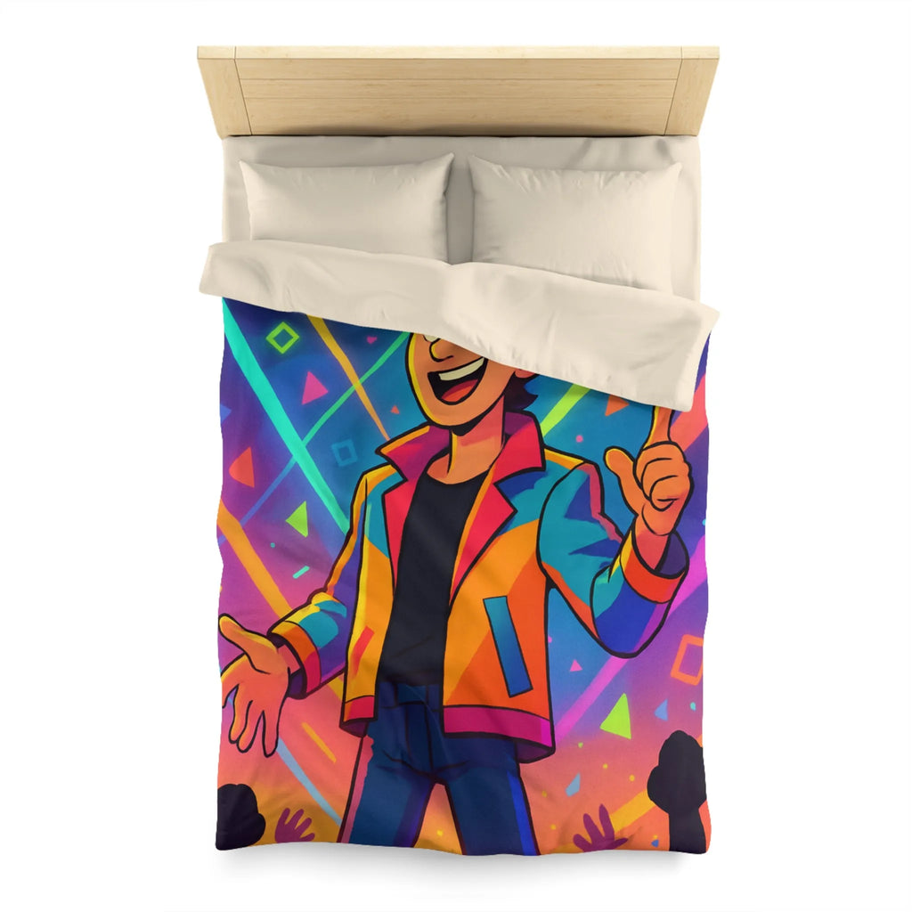 Housse de couette colorée avec personnage animé, haute énergie, motifs géométriques vibrants