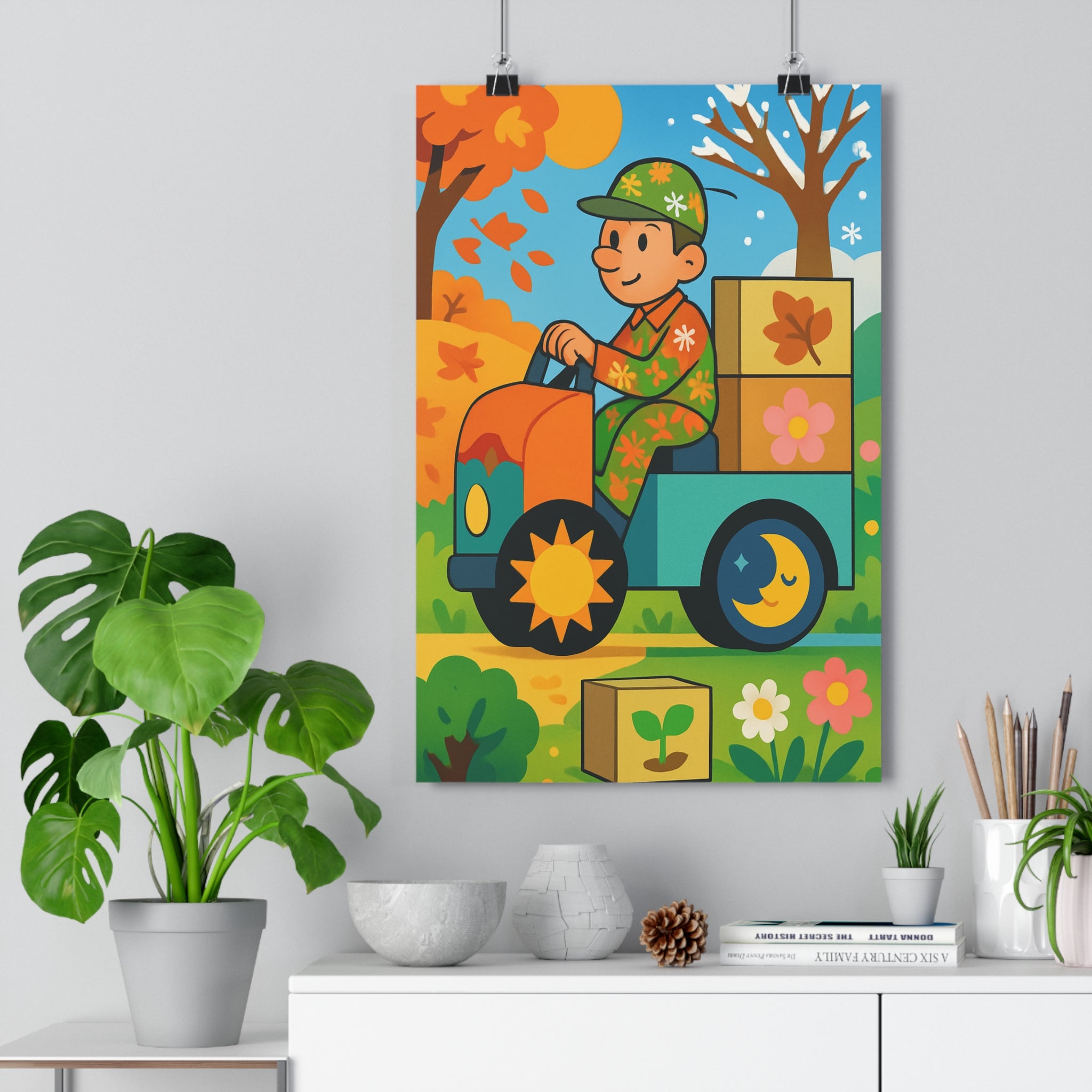 Poster décoratif saisonnier cartoon coloré joyeux salon enfant automne hiver vibrant arbres paysage original