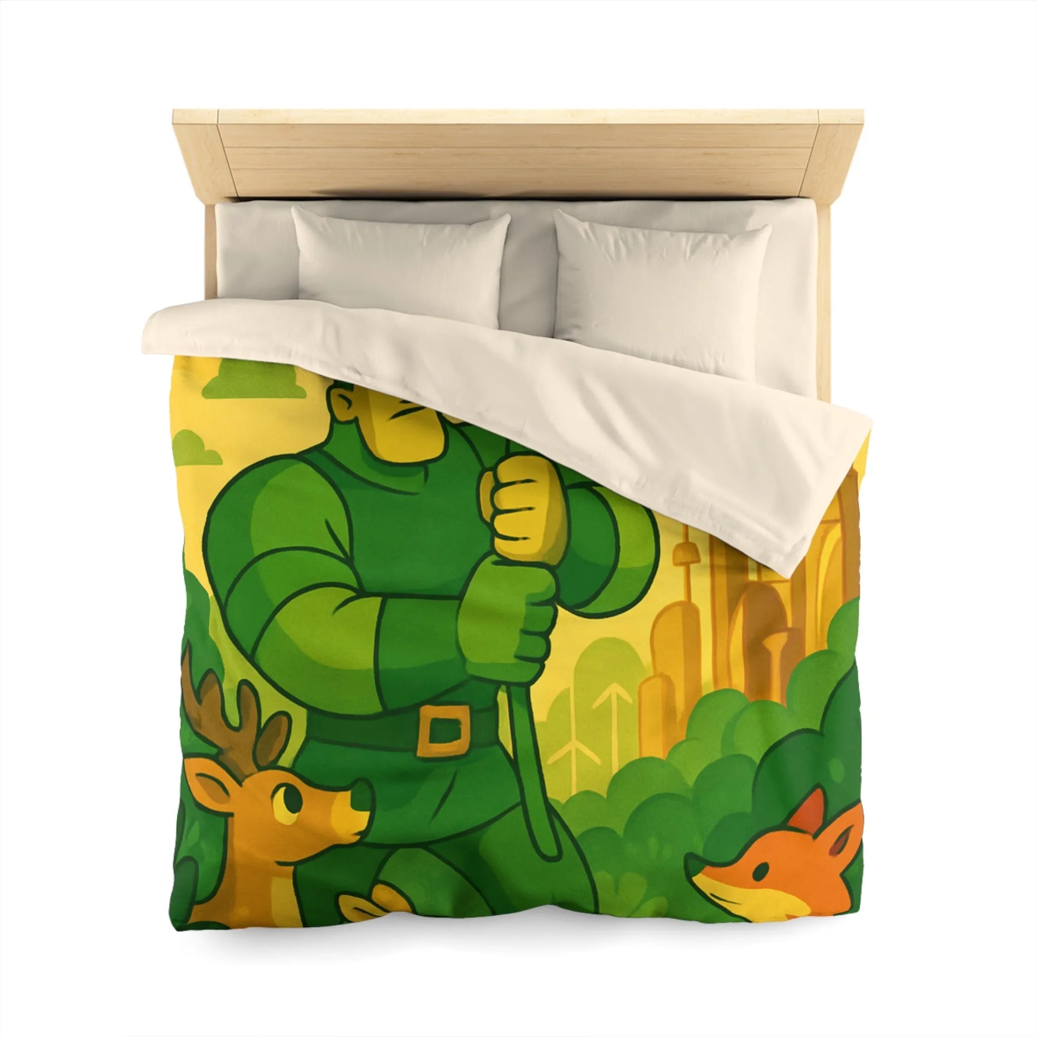 Housse de couette avec illustration végétale et animaux dans une ambiance futuriste naturelle