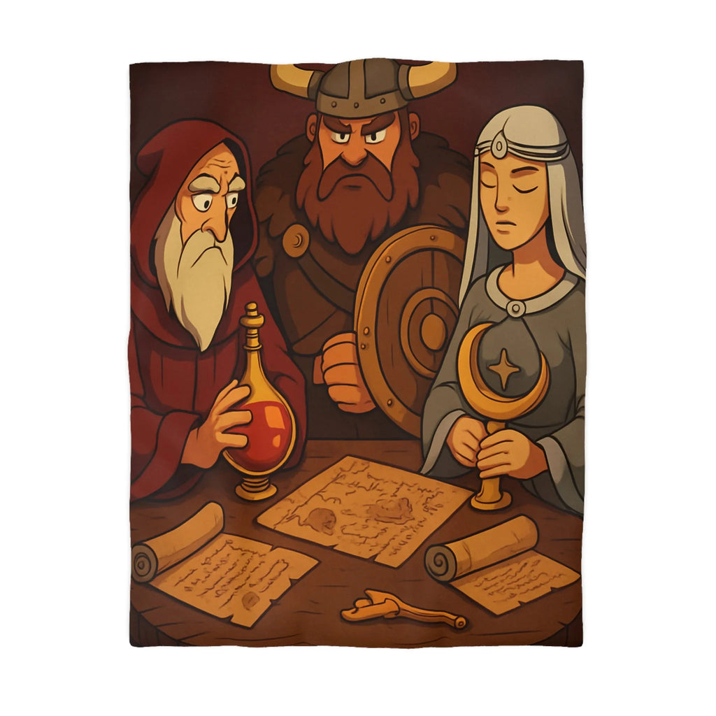 Housse de couette médiévale avec guerrier, mage et princesse tenant des artefacts anciens
