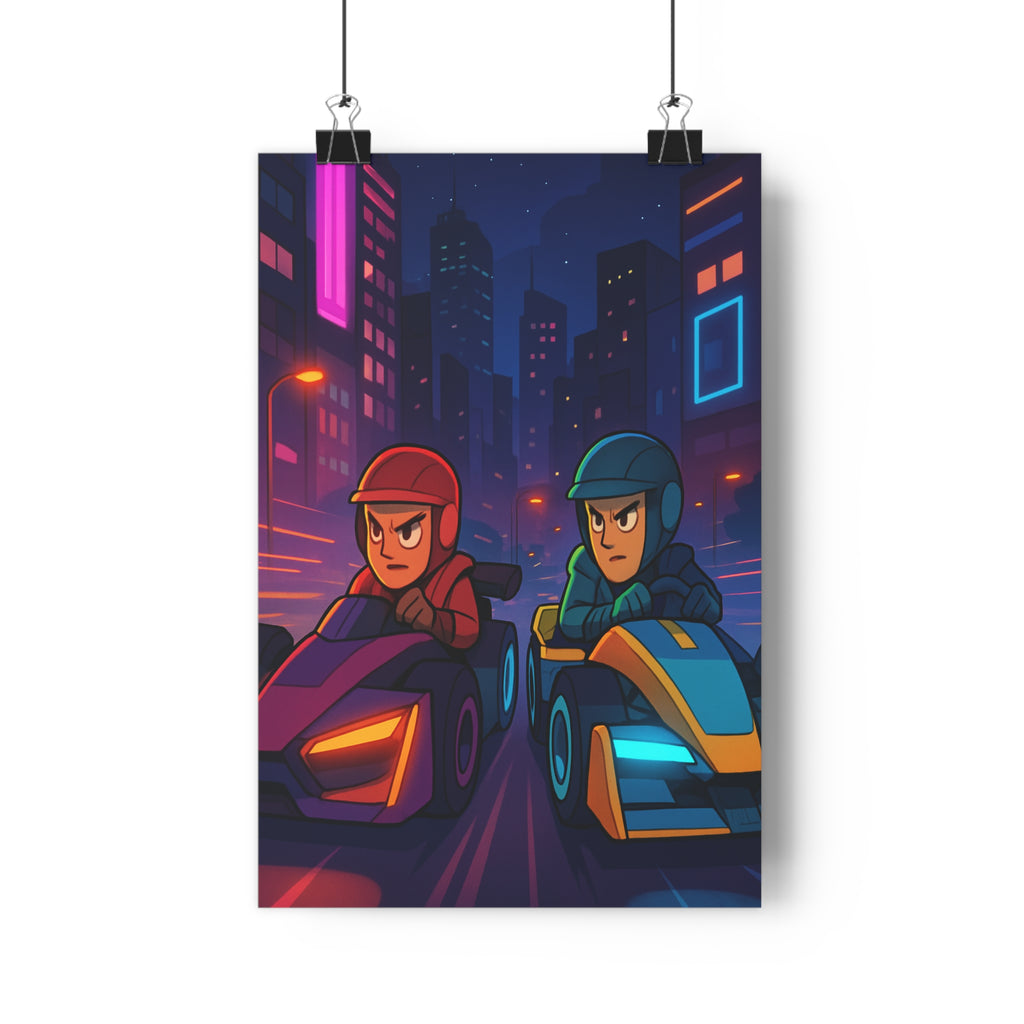 Poster décoratif néon cyberpunk rouge bleu course automobile futuriste ville nocturne bureau énergique 30x46