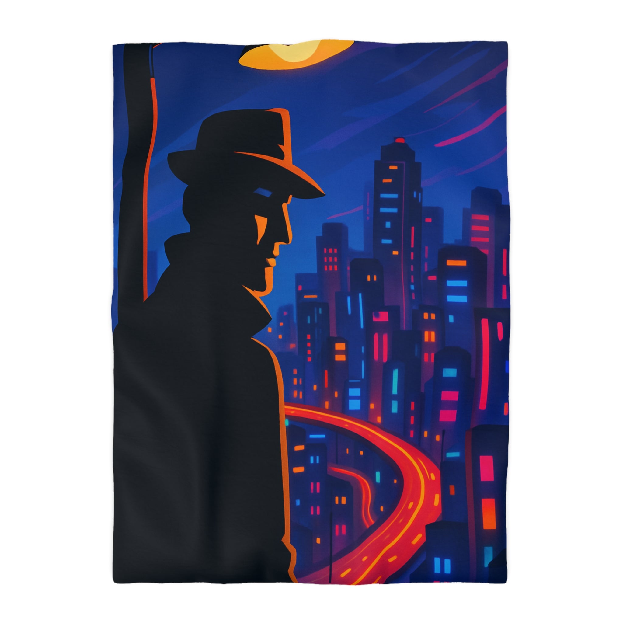 Housse de couette rétro mystérieuse avec silhouette urbaine nocturne et routes lumineuses
