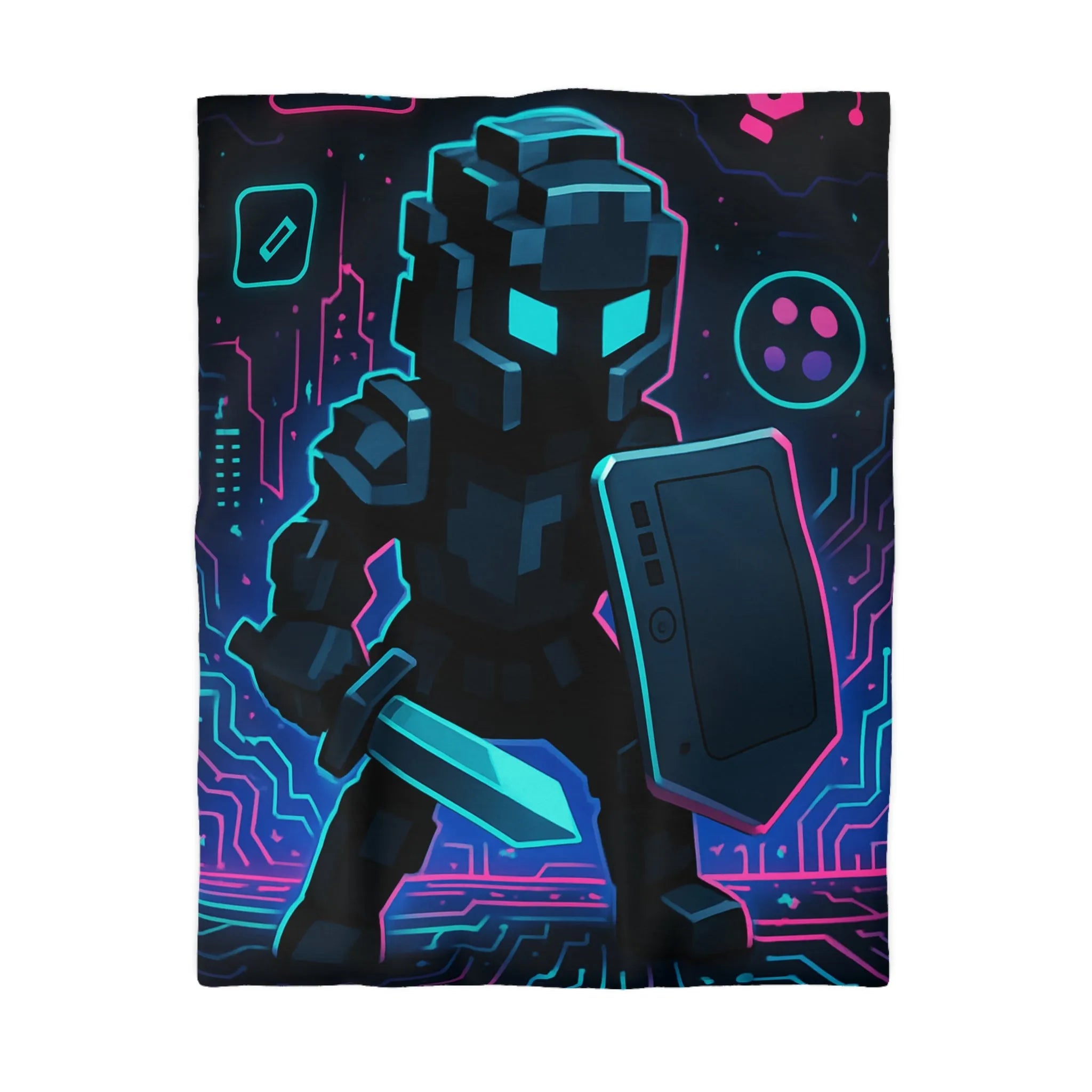 Housse de Couette avec Guerrier Pixel Art et Éléments Numériques Lumineux Nocturnes