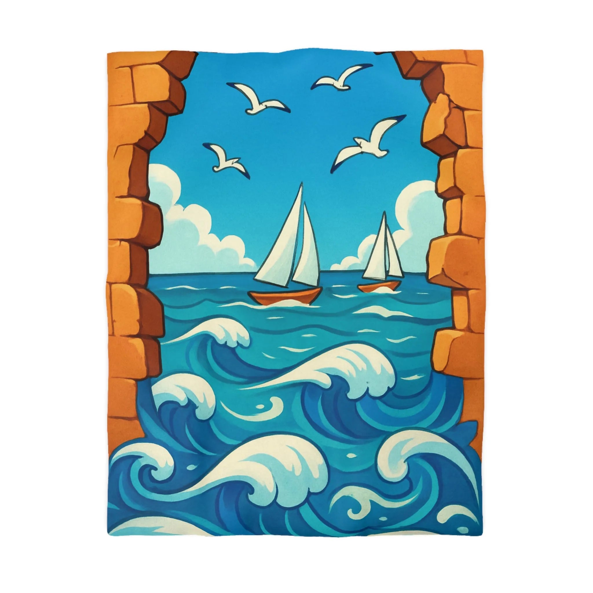 Housse de couette avec voiliers et mer, ambiance estivale bleu et orange