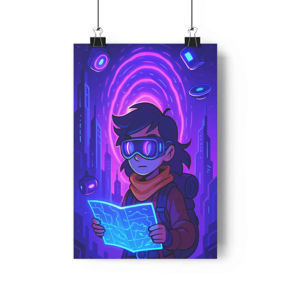 Poster décoratif futuriste violet bleu aventure urbain cyberpunk salon bureau tendance captivant dynamique qualité
