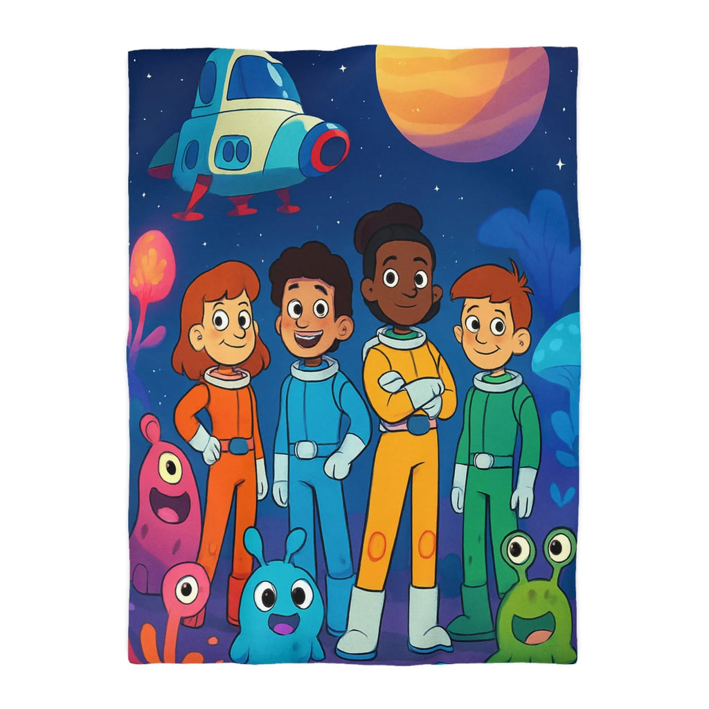 Housse de couette enfant astronaute avec planète, fusée et créatures extraterrestres colorées