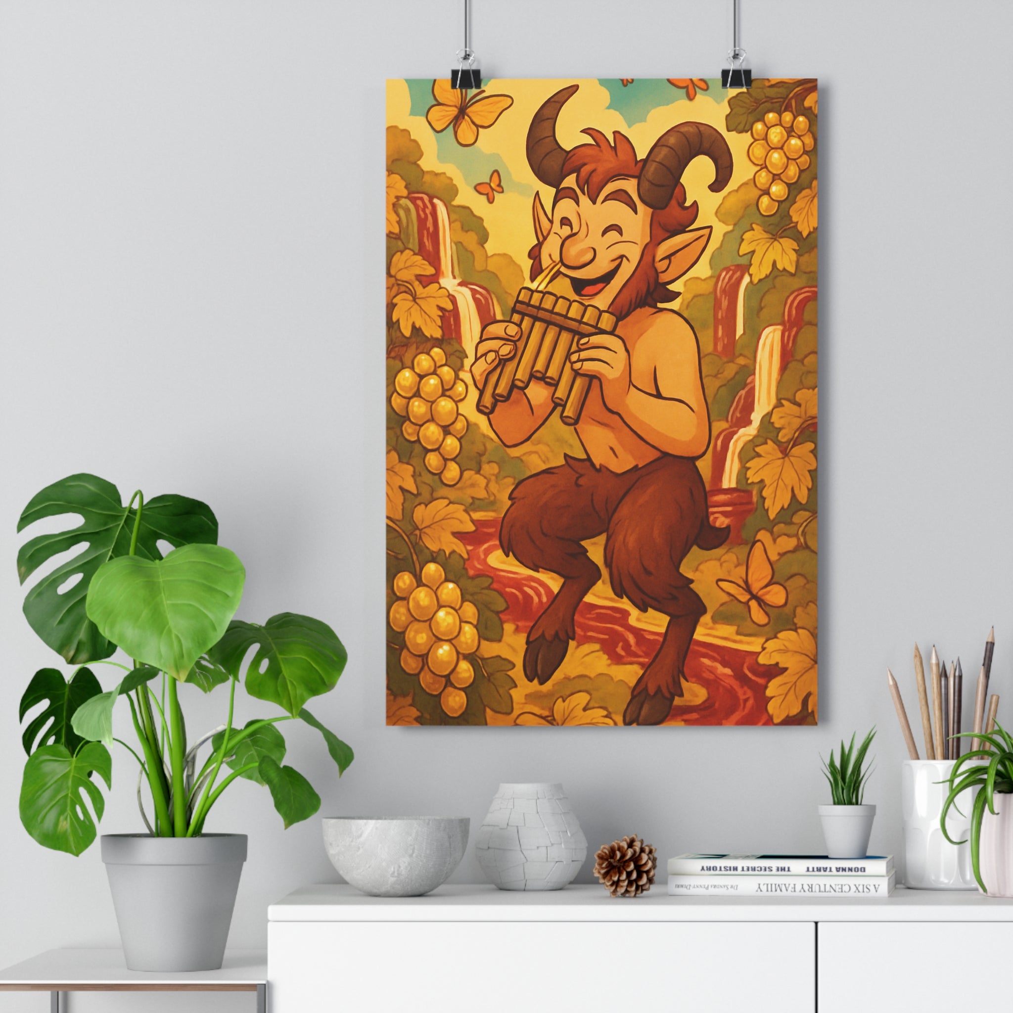 Poster décoratif fantaisie onirique pastel joyeux faune vignes salon chambre art mural paysage qualité