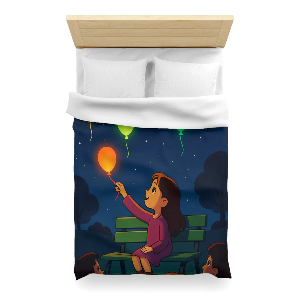 Housse de couette colorée avec ballons lumineux flottant dans un ciel étoilé magique