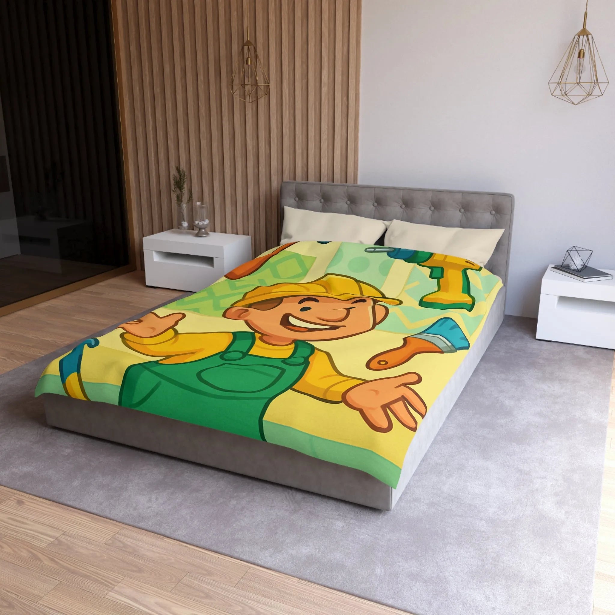 Housse de couette joyeuse pour enfants avec outils de bricolage et personnage souriant