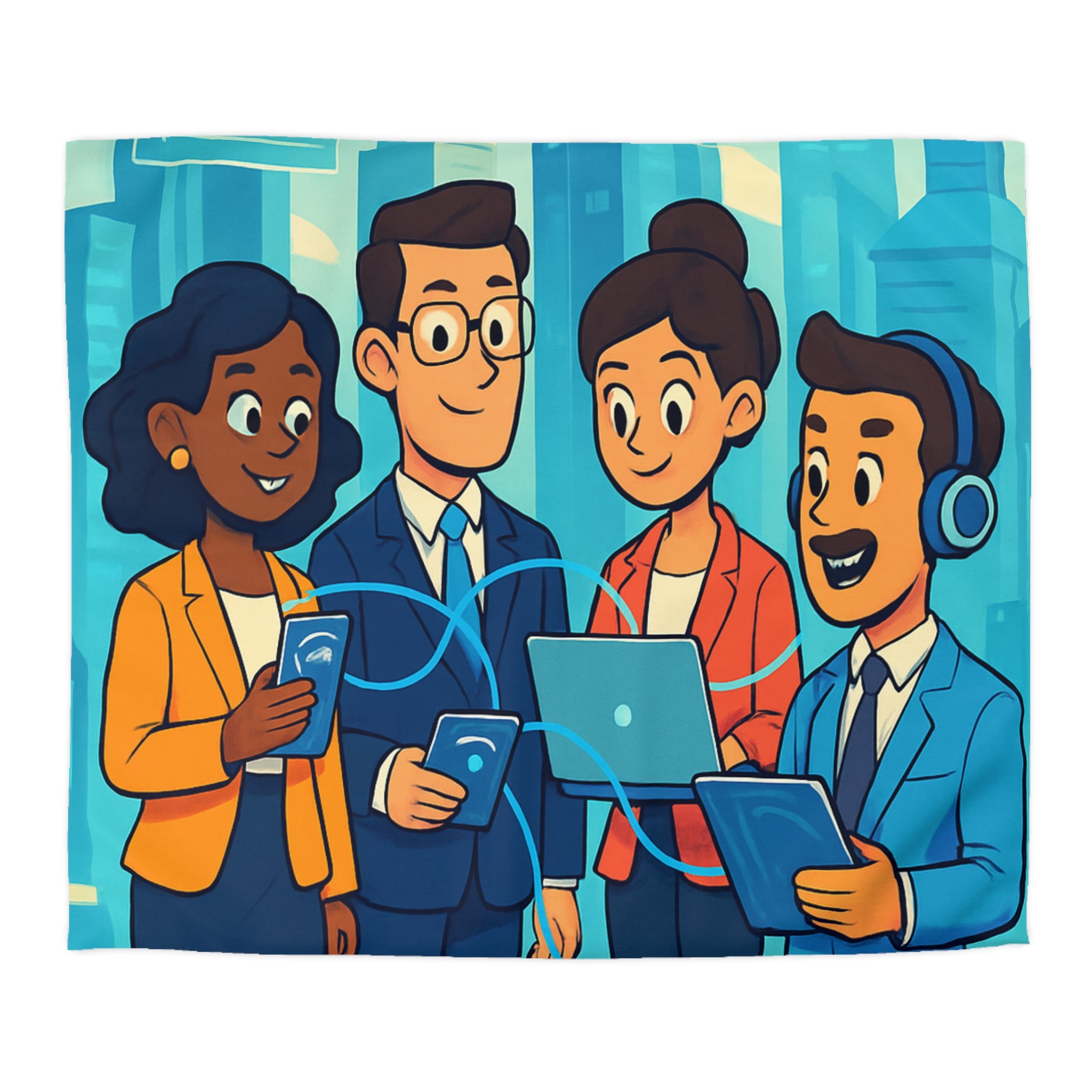 Housse de couette moderne illustrant équipe collaborative en milieu urbain technologique