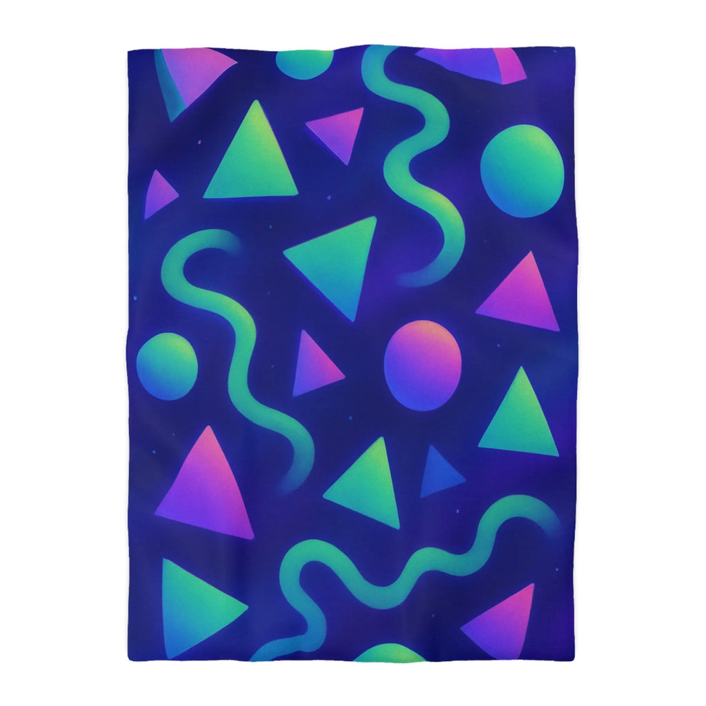 Housse de Couette Géométrique Néon Triangles Cercles Serpentins Design Psychédélique Bleu Violet