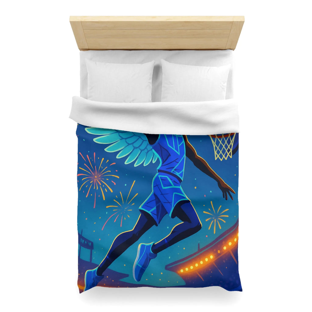 Housse de couette avec joueur de basket volant sous un ciel étoilé lumineux