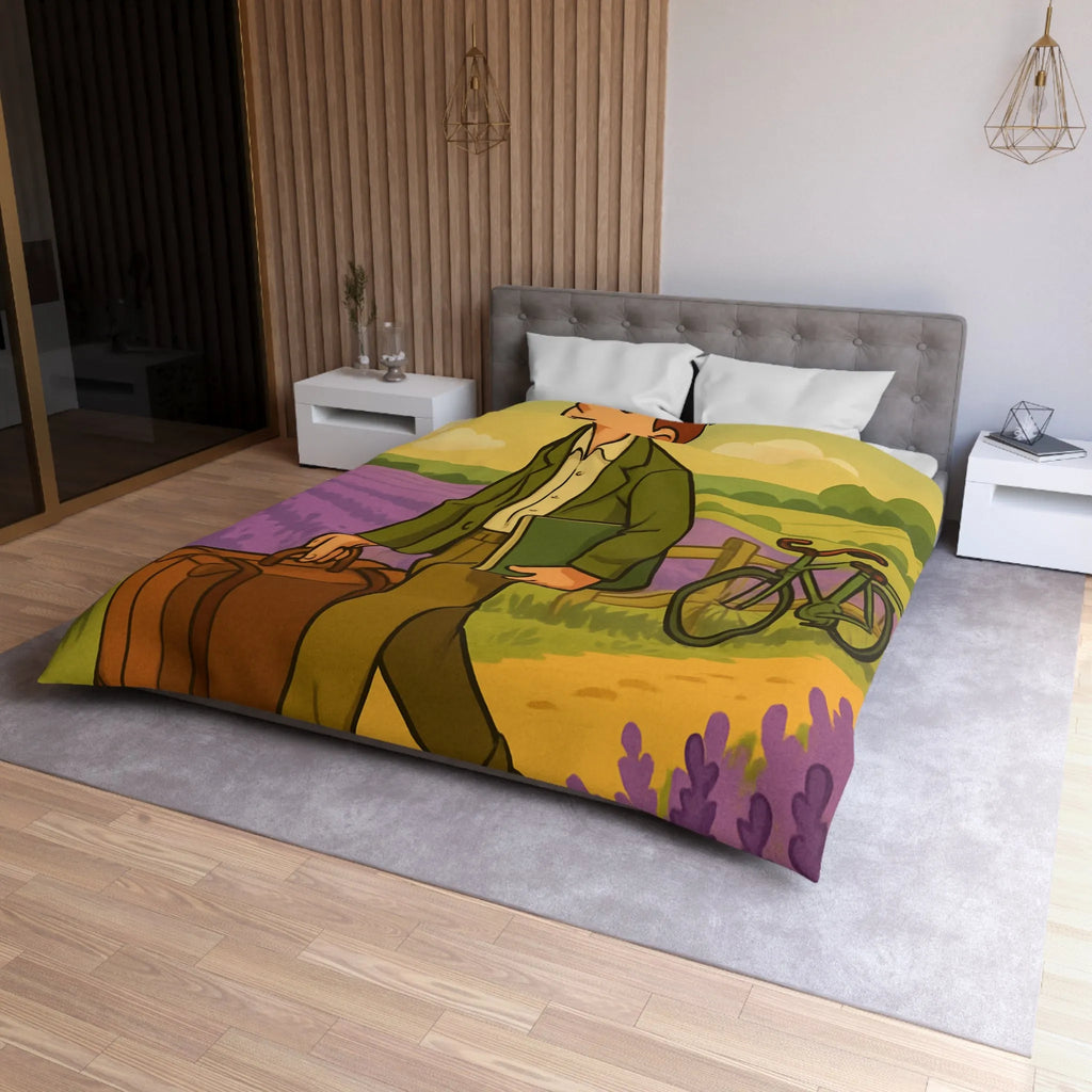 Housse de Couette Champêtre Lavande avec Jeune Homme et Vieux Vélo Vintage