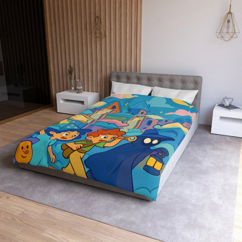 Housse de couette magique enfants avec illustration de sorcier, château et ciel étoilé