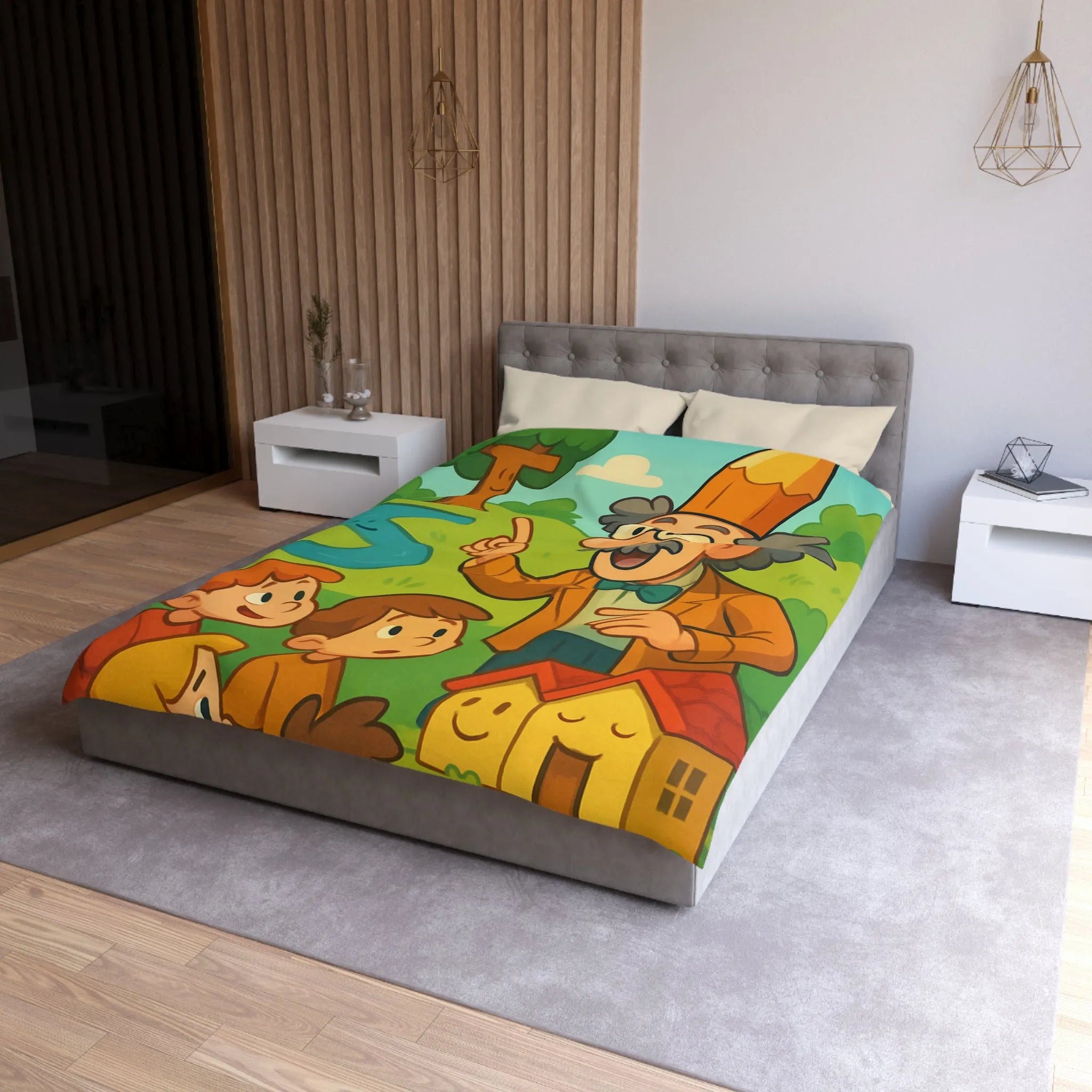 Housse de couette colorée avec un professeur et enfants dans un paysage enchanteur