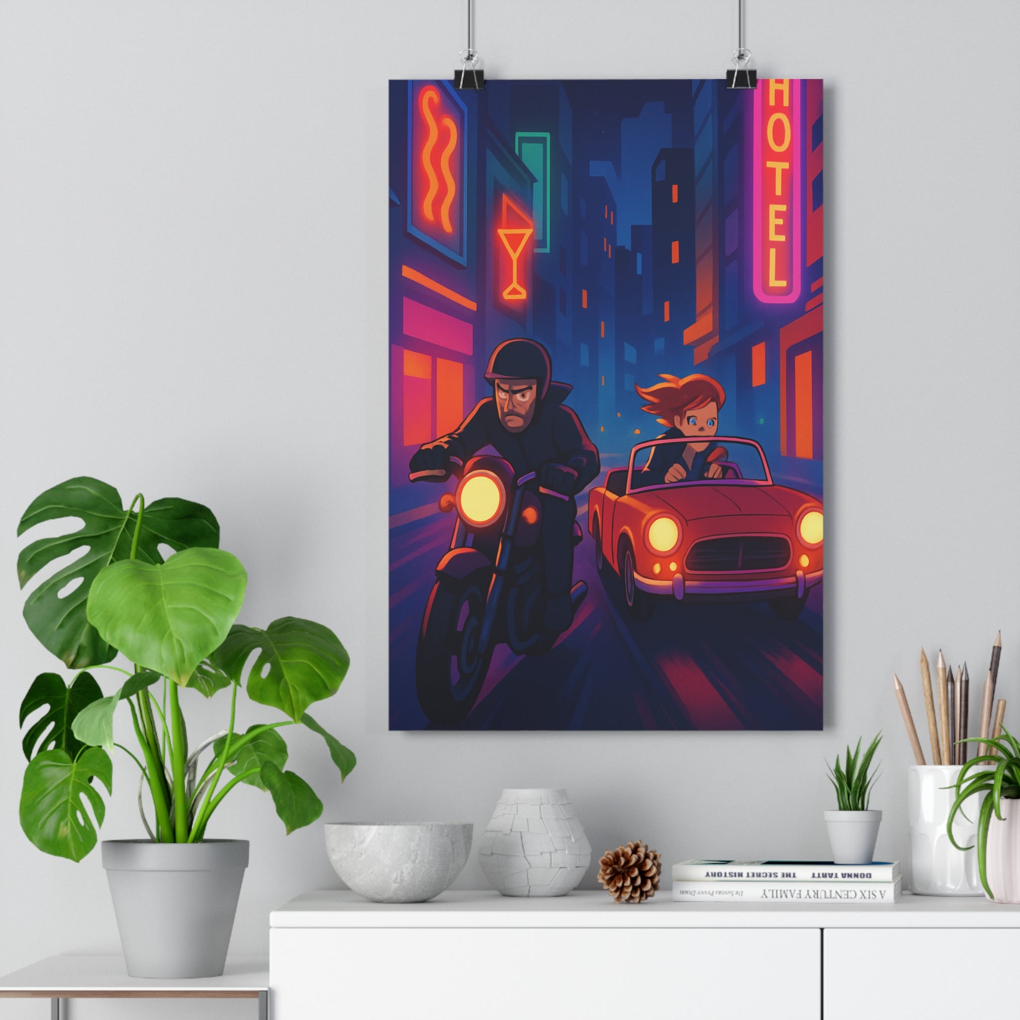 Poster décoratif rétrofuturiste néons lumineux urbain vibrant motard voiture rouge salon chambre tendance qualité