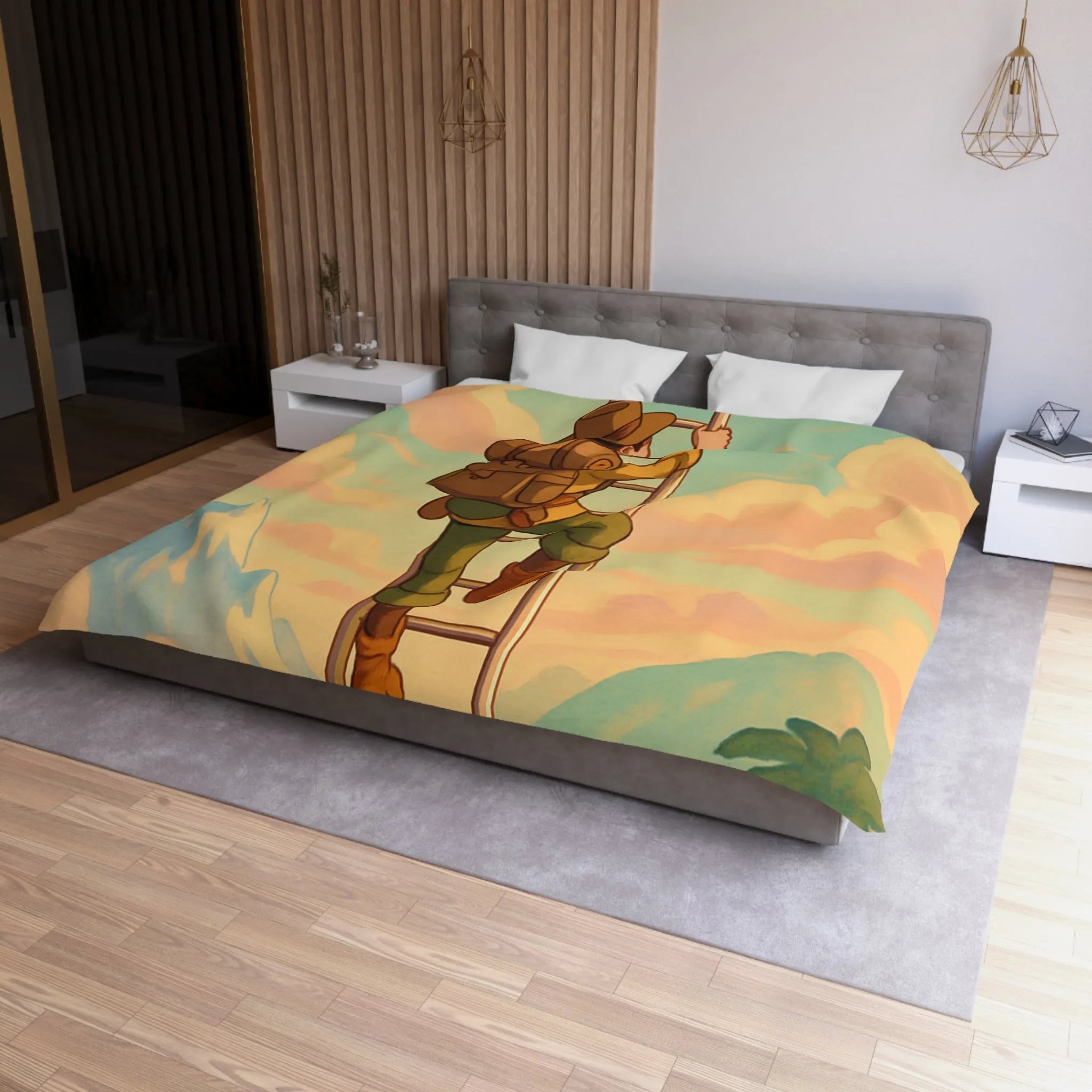 Housse de couette avec aventurier grimpant échelle vers ciel pastel et montagnes lointaines