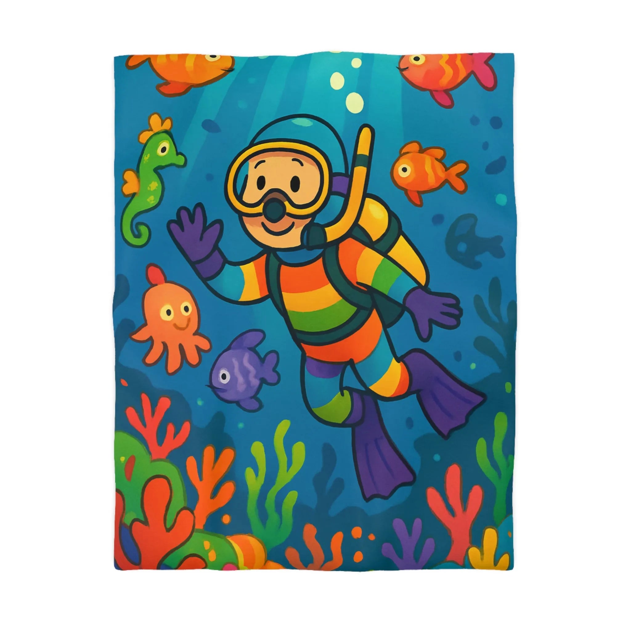 Housse de Couette Enfantin Illustrée avec Plongeur Joyeux et Récif de Corail Coloré