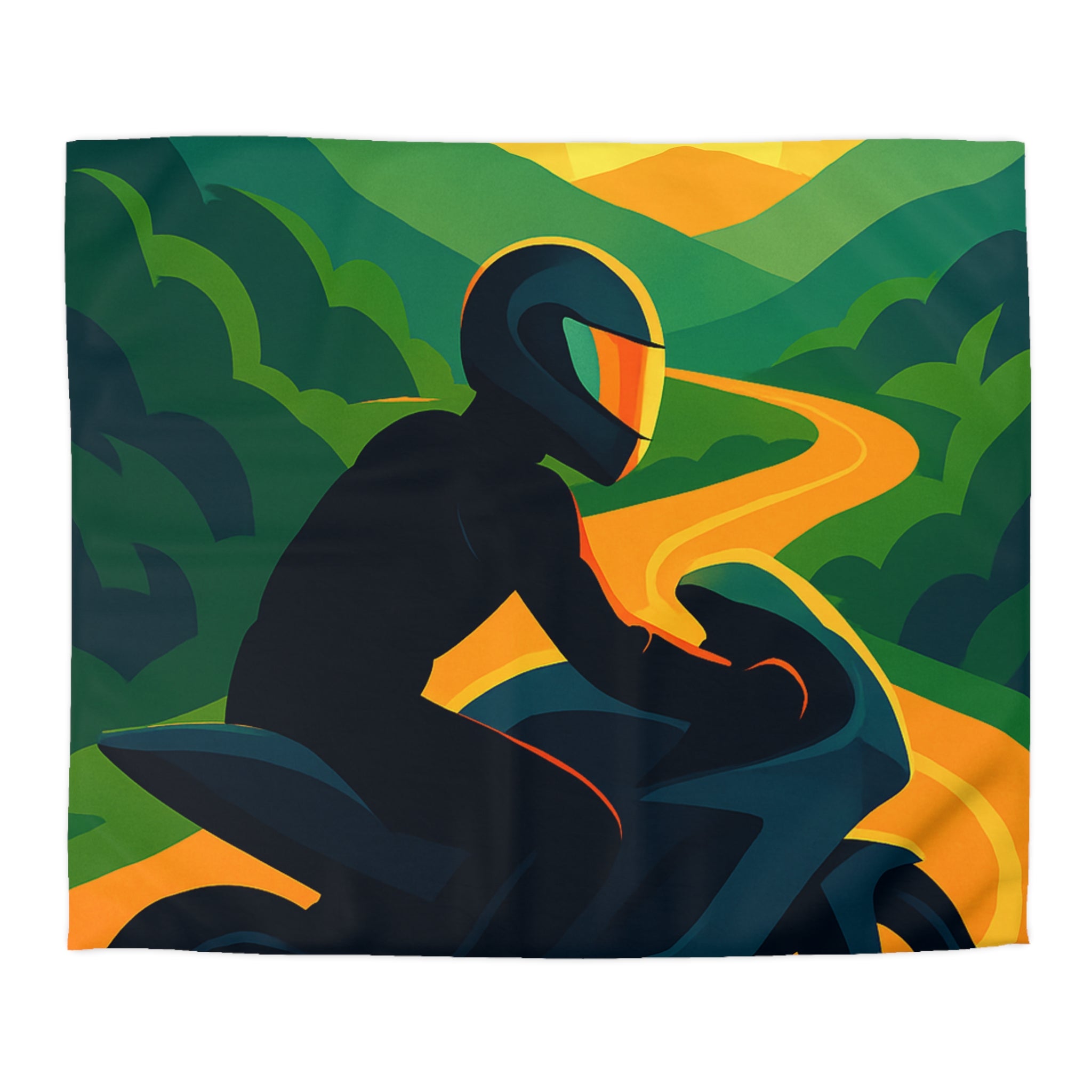 Housse de couette moto route sinueuse coucher de soleil horizon montagne vibrante