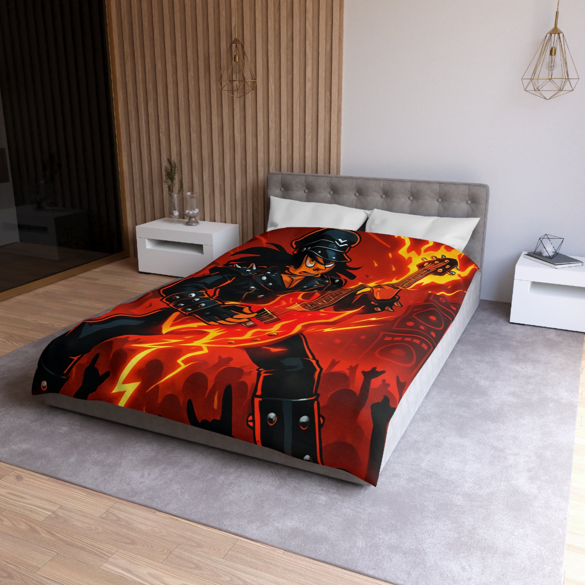 Housse de couette rock énergique avec guitariste enflammé et ambiance concert spectaculaire