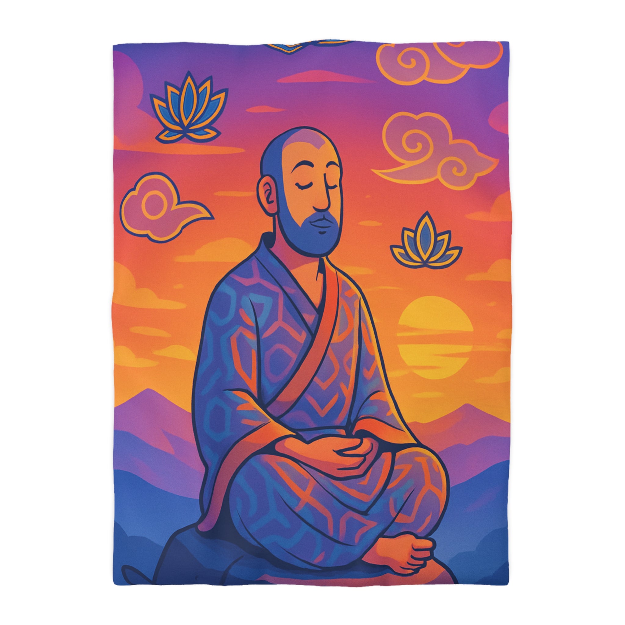 Housse de Couette Zen Moine Méditant au Coucher de Soleil Avec Fleurs de Lotus