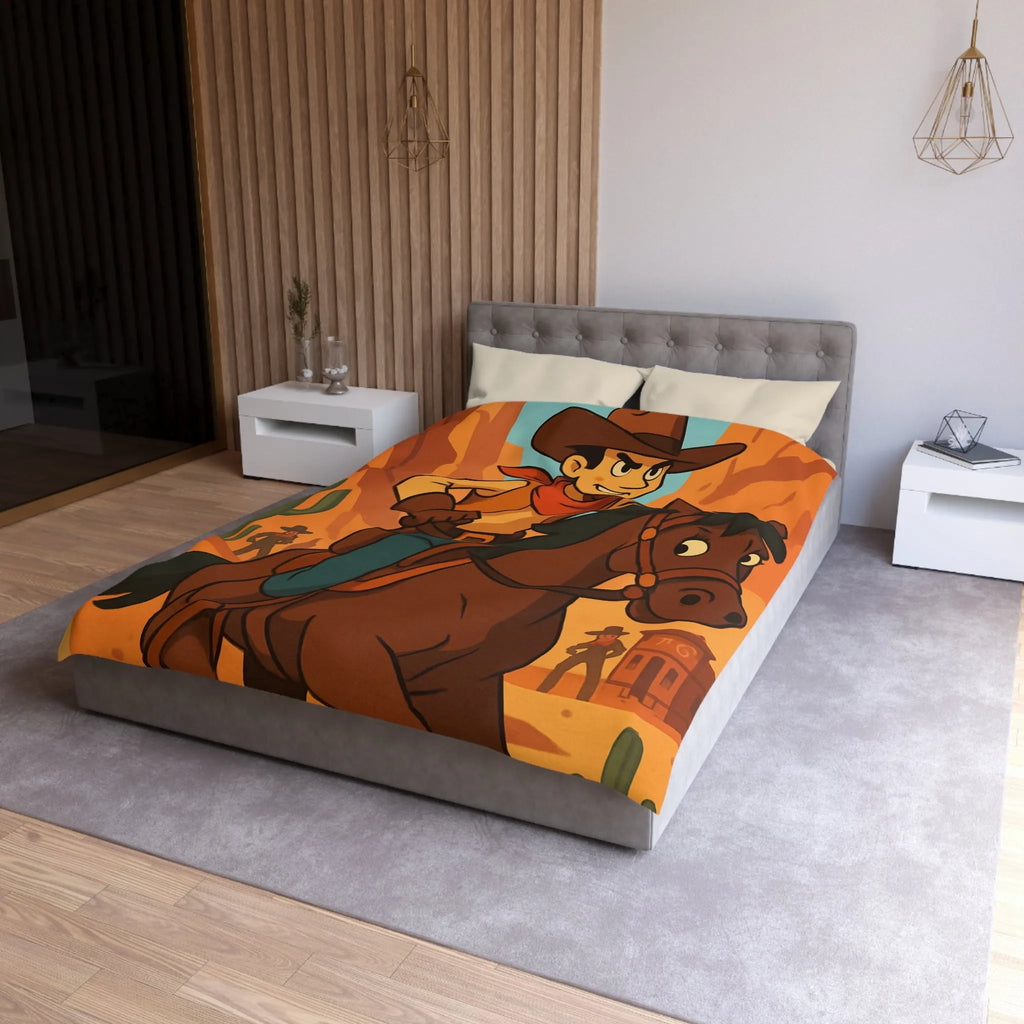 Housse de couette avec cavalier de dessin animé dans paysage désertique occidental