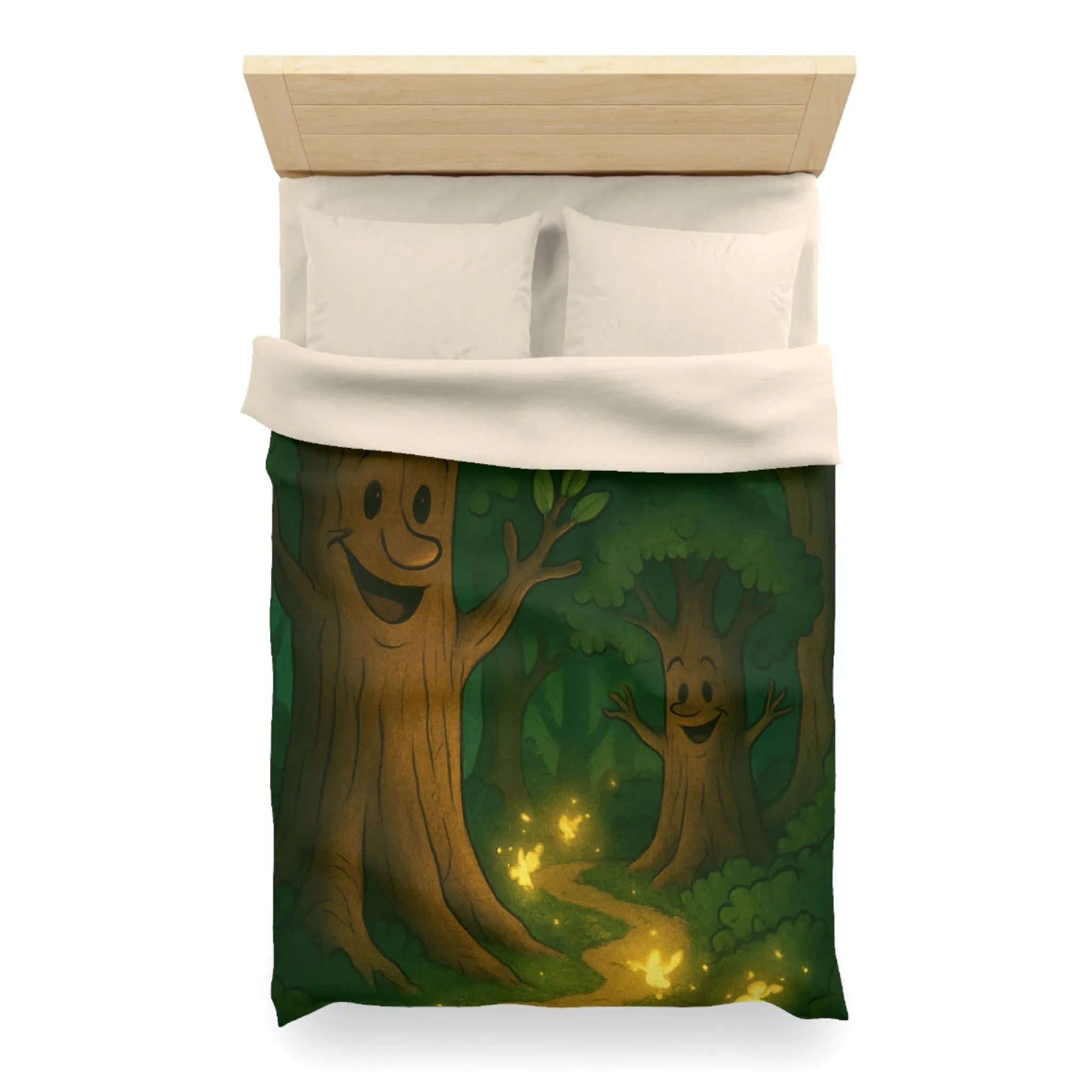 Enchanting Cartoon Forest Scene with Smiling Trees and Glowing Fireflies at Night