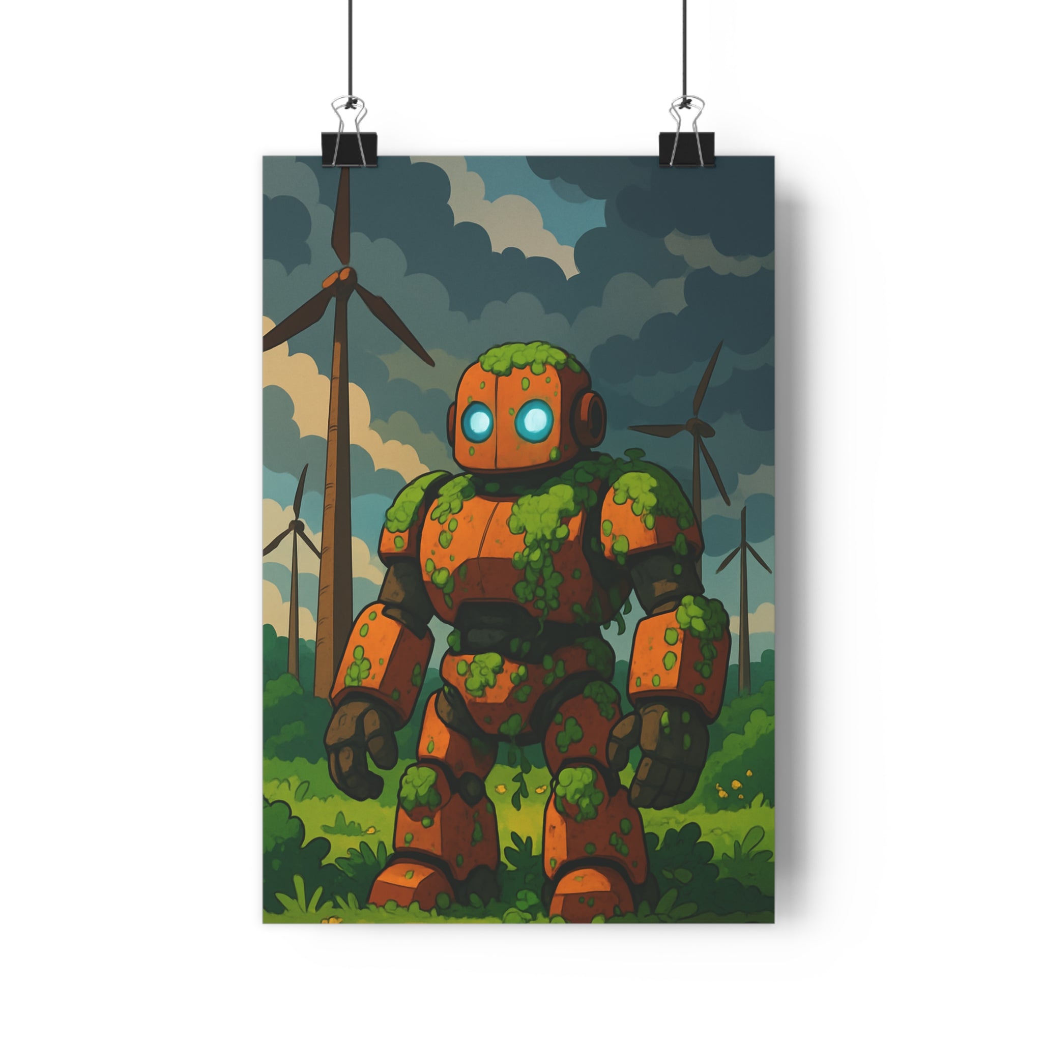 Poster décoratif robot vert cartoon futuriste salon bureau nature vibrant coloré paysage unique ambiance