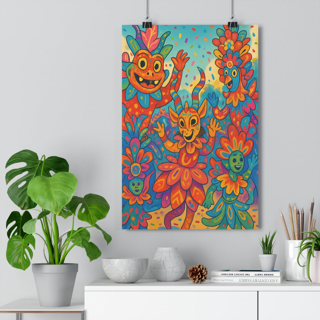 Poster décoratif cartoon coloré joyeux orange bleu rose salon chambre vibrant dynamique personnages motifs