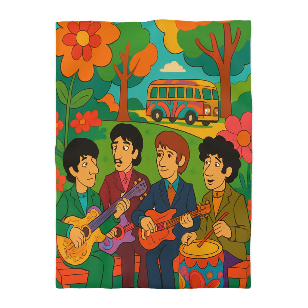 Housse de couette rétro colorée inspirée d'un groupe de musiciens animés en plein air