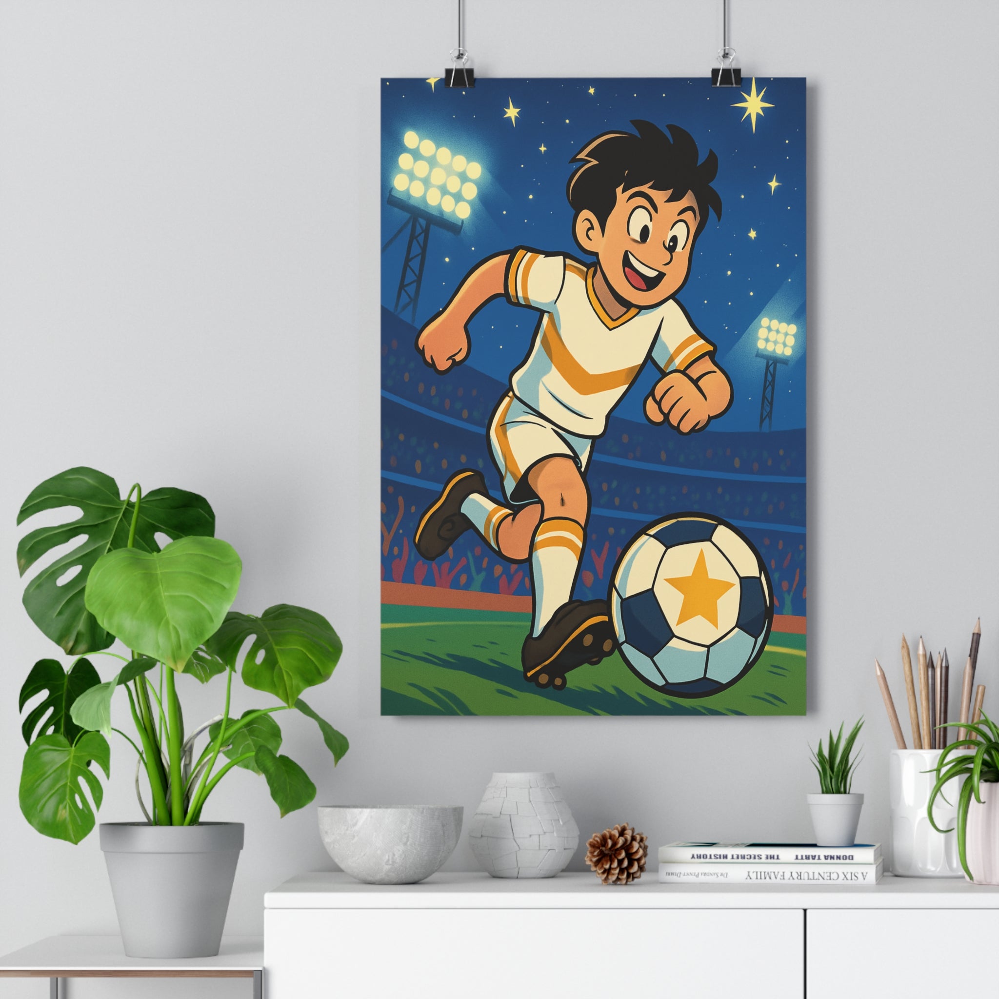 Poster décoratif cartoon énergique blanc or joyeux enfant football dynamique vibrant atmosphère sport mur
