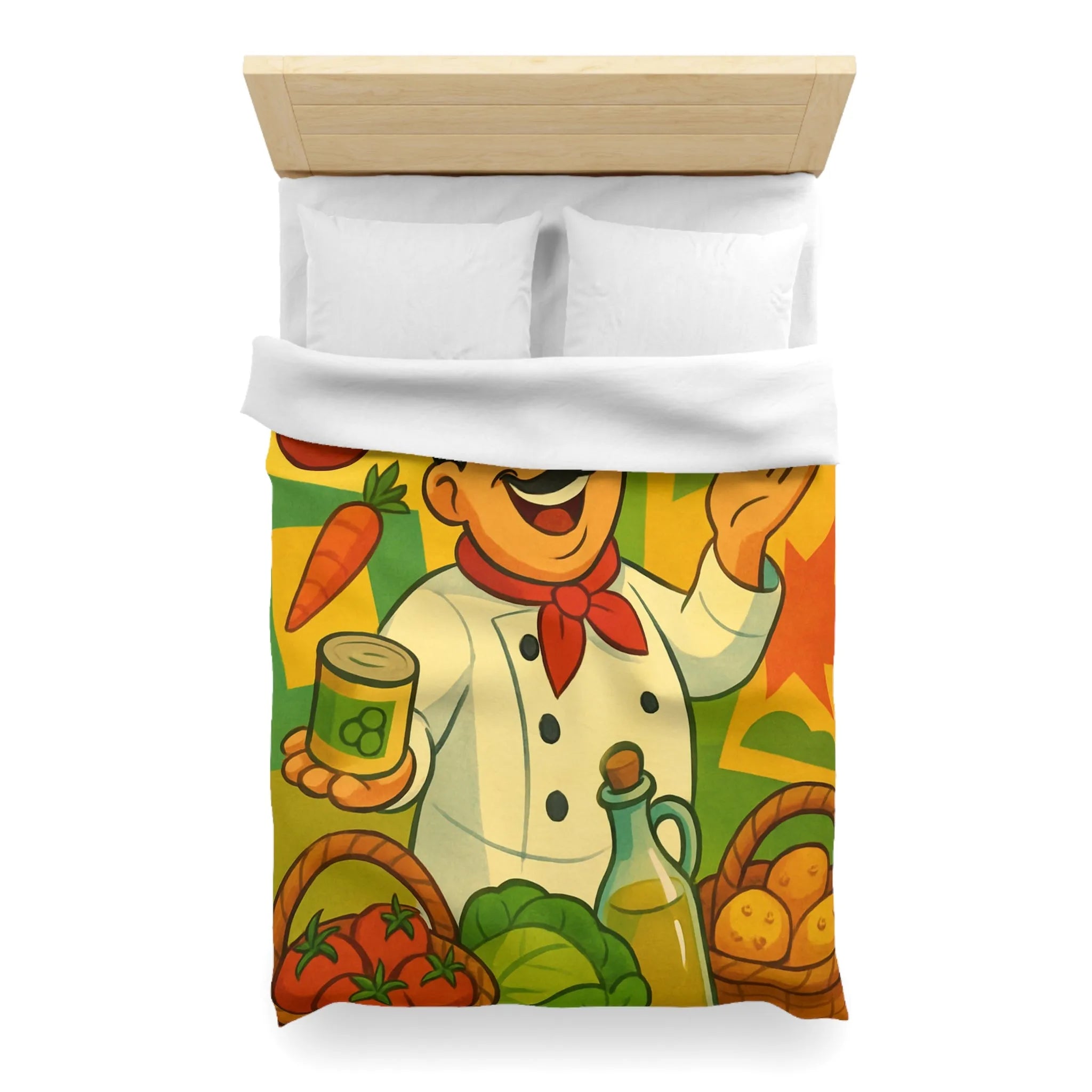 Housse de Couette Illustrée de Chef Heureux avec légumes et Pizza Méditerranéenne Colorée