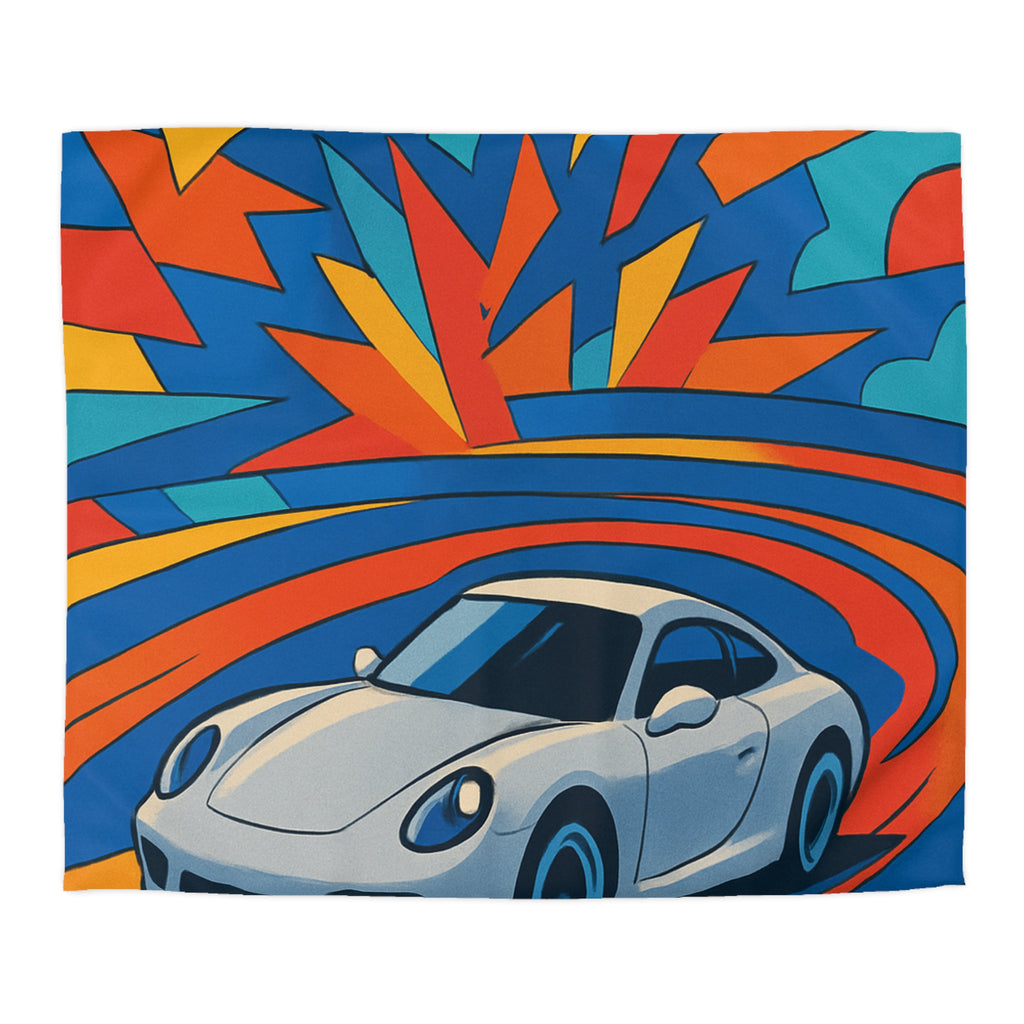 Housse de couette voiture sportive dynamique avec explosion de couleurs vives et éclatantes