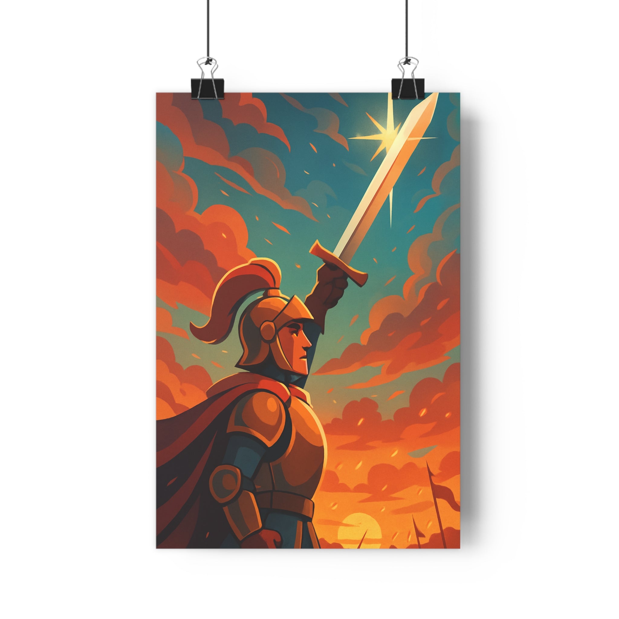 Poster décoratif chevalier épée coucher soleil animé vibrant aventure chambre bureau 30x46 cm moderne