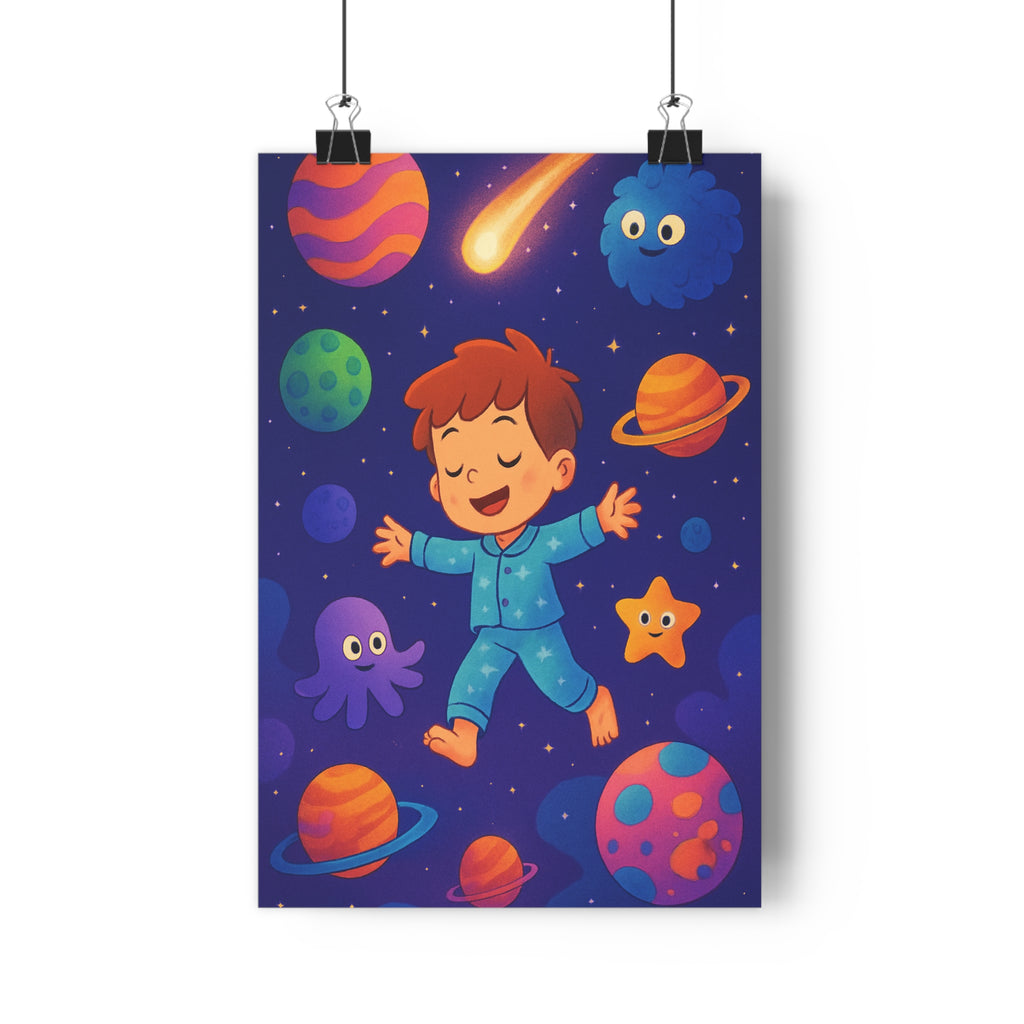 Poster décoratif cartoon bleu orange pyjama enfant chambre joyeux onirique interstellaire coloré galactique fantaisie