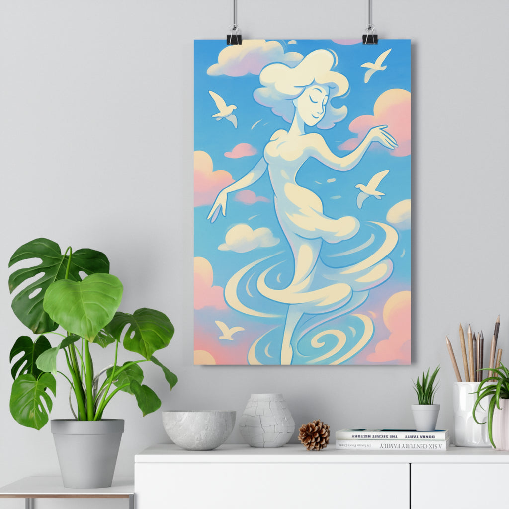 Poster décoratif illustration onirique femme danse pastel bleu rose ambiance rêve salon chambre qualité