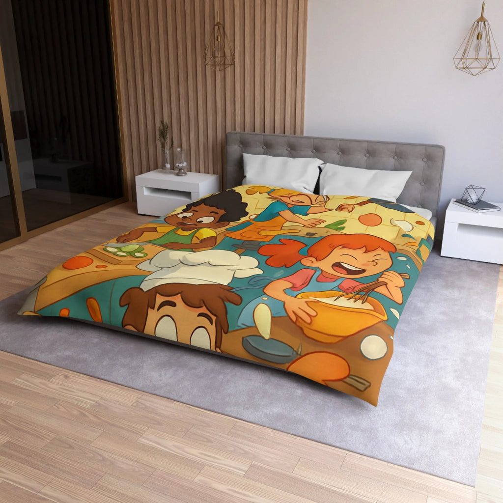 Housse de couette illustrée cuisine enfants joyeux couleurs vives spatule éclaboussures légumes