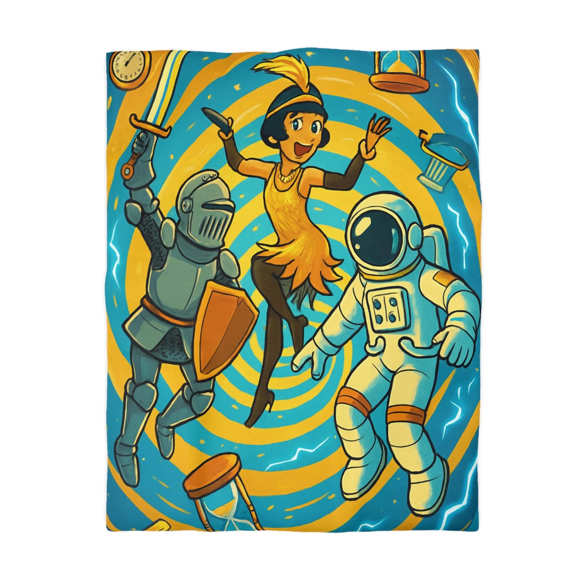 Housse de couette colorée avec chevalier, astronaute et danseuse dans vortex temporel