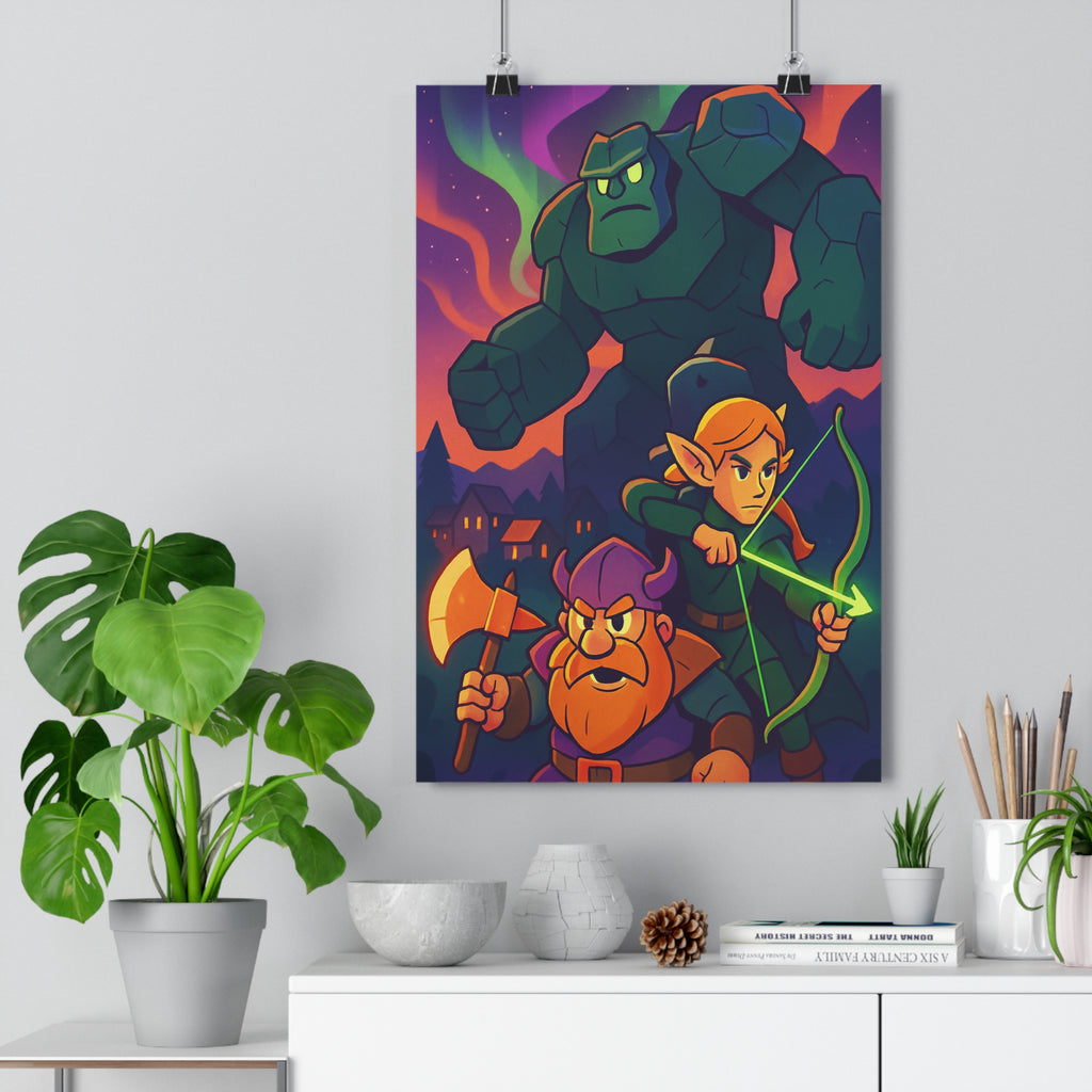 Poster décoratif fantastique vert orange violet cartoon aventure chambre enfant magique guerrier elfe géant
