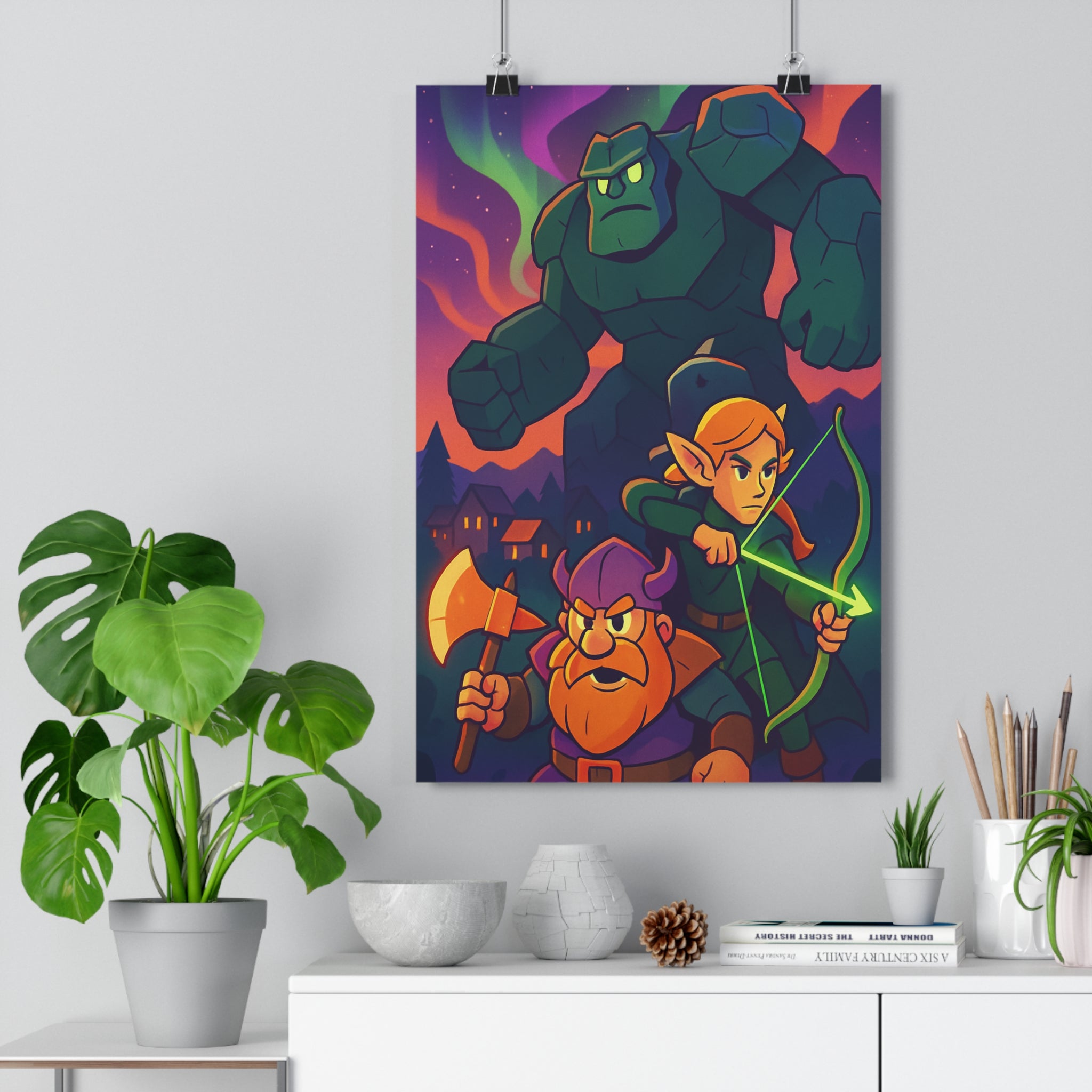 Poster décoratif fantastique vert orange violet cartoon aventure chambre enfant magique guerrier elfe géant